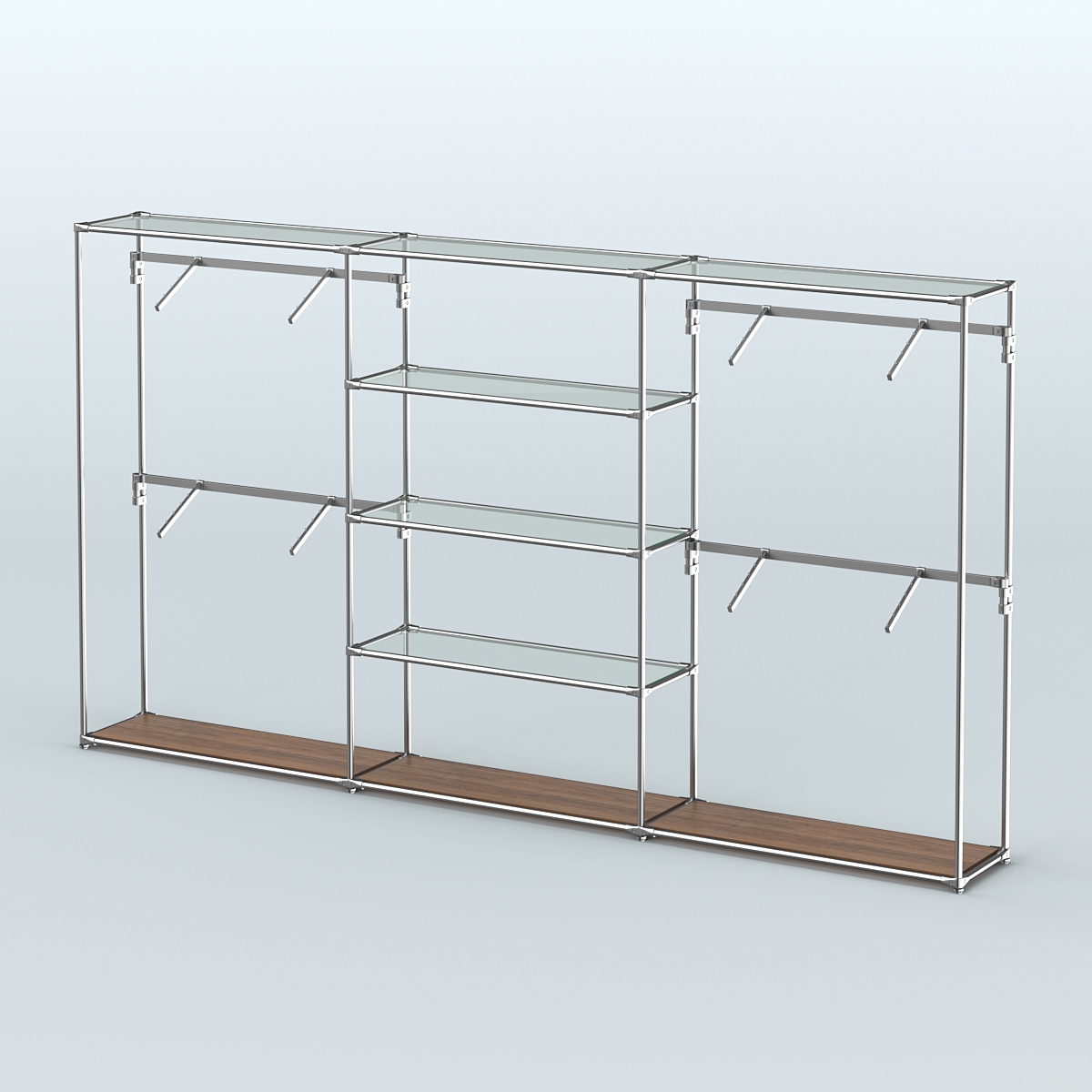 Торговая система ХРОМ без ДСП 3600 мм с прозрачными полками и поручнями №5 Орех