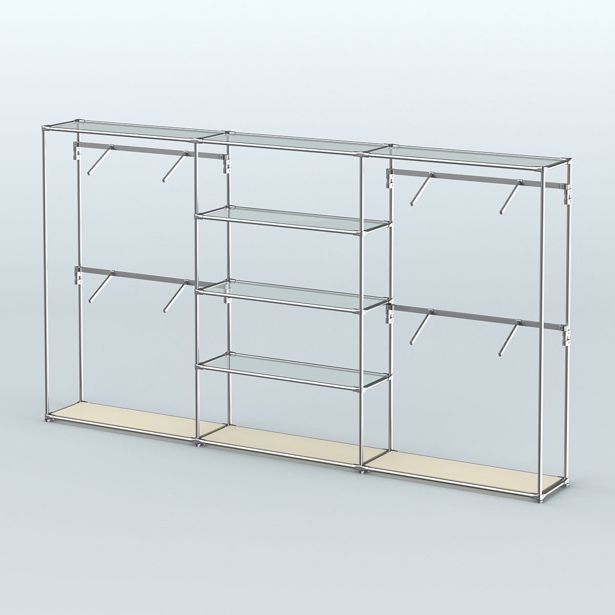 Торговая система ХРОМ без ДСП 3600 мм с прозрачными полками и поручнями №5 Крем Вайс