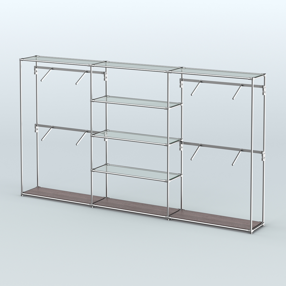 Торговая система ХРОМ без ДСП 3600 мм с прозрачными полками и поручнями №5 Ясень Анкор темный