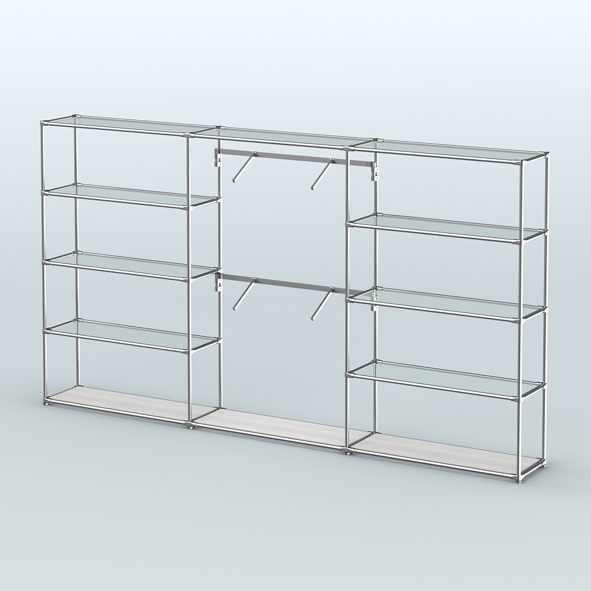 Торговая система ХРОМ без ДСП 3600 мм с прозрачными полками и поручнями №6 Ясень Анкор светлый