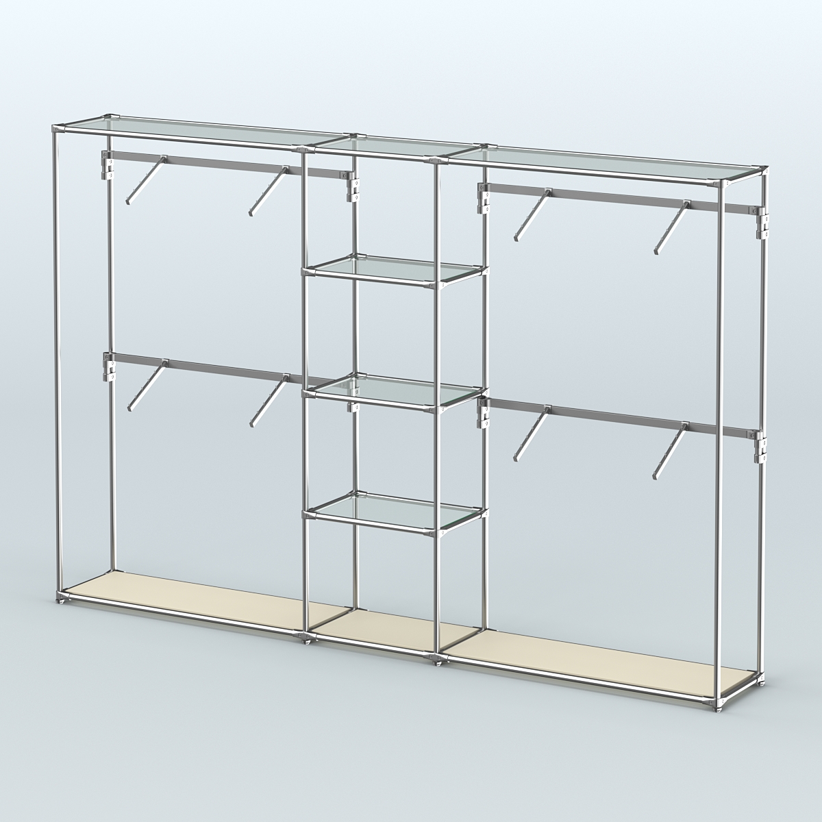 Торговая система ХРОМ без ДСП 3030 мм с прозрачными полками и поручнями №8 Крем Вайс