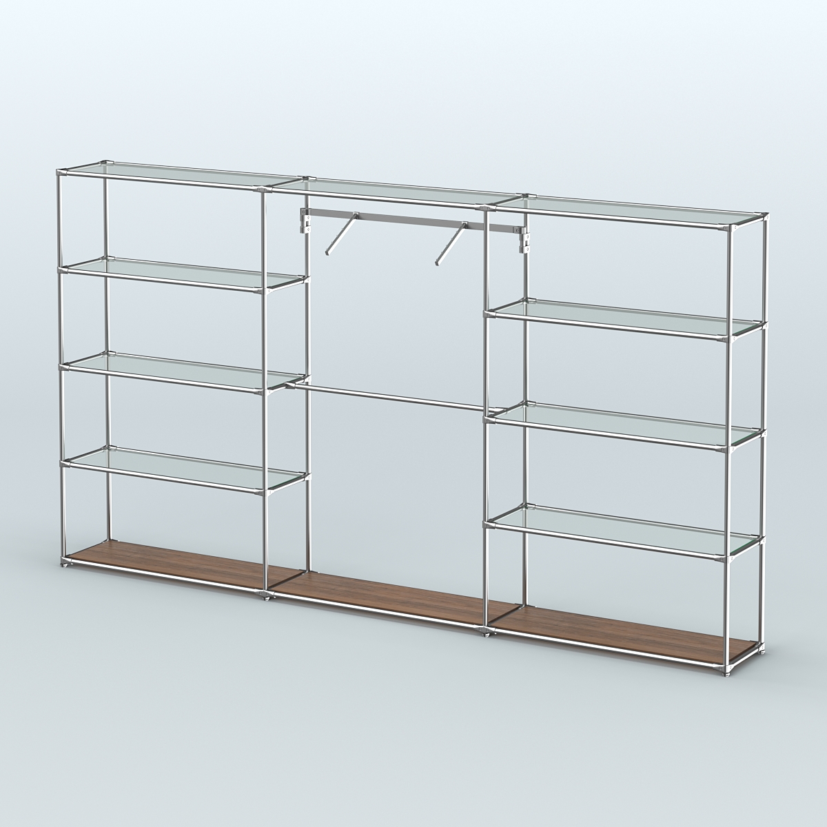 Торговая система ХРОМ без ДСП 3600 мм с прозрачными полками и поручнями №9 Орех