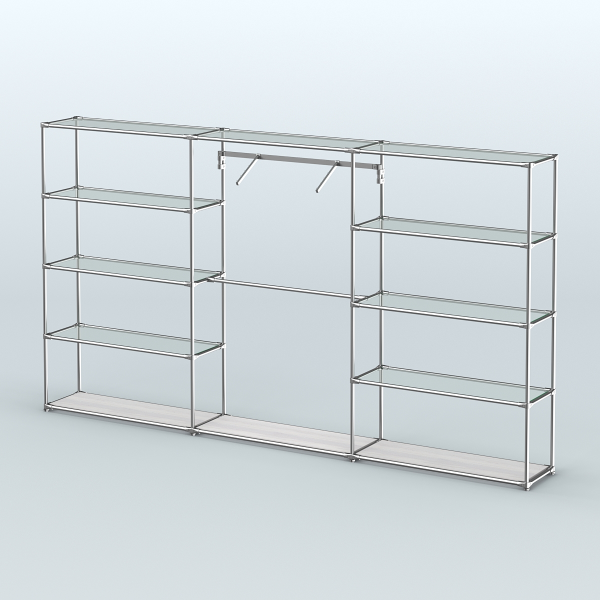 Торговая система ХРОМ без ДСП 3600 мм с прозрачными полками и поручнями №9 Ясень Анкор светлый