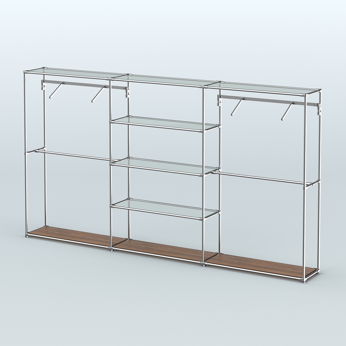 Торговая система ХРОМ без ДСП 3600 мм с прозрачными полками и поручнями №10 Орех