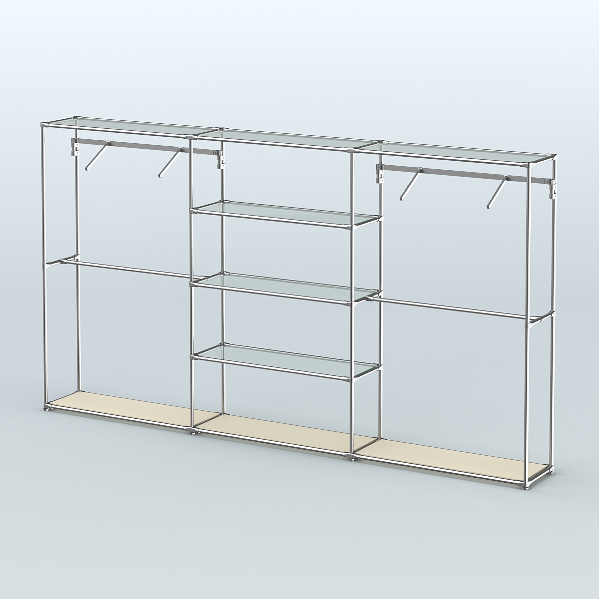 Торговая система ХРОМ без ДСП 3600 мм с прозрачными полками и поручнями №10 Крем Вайс
