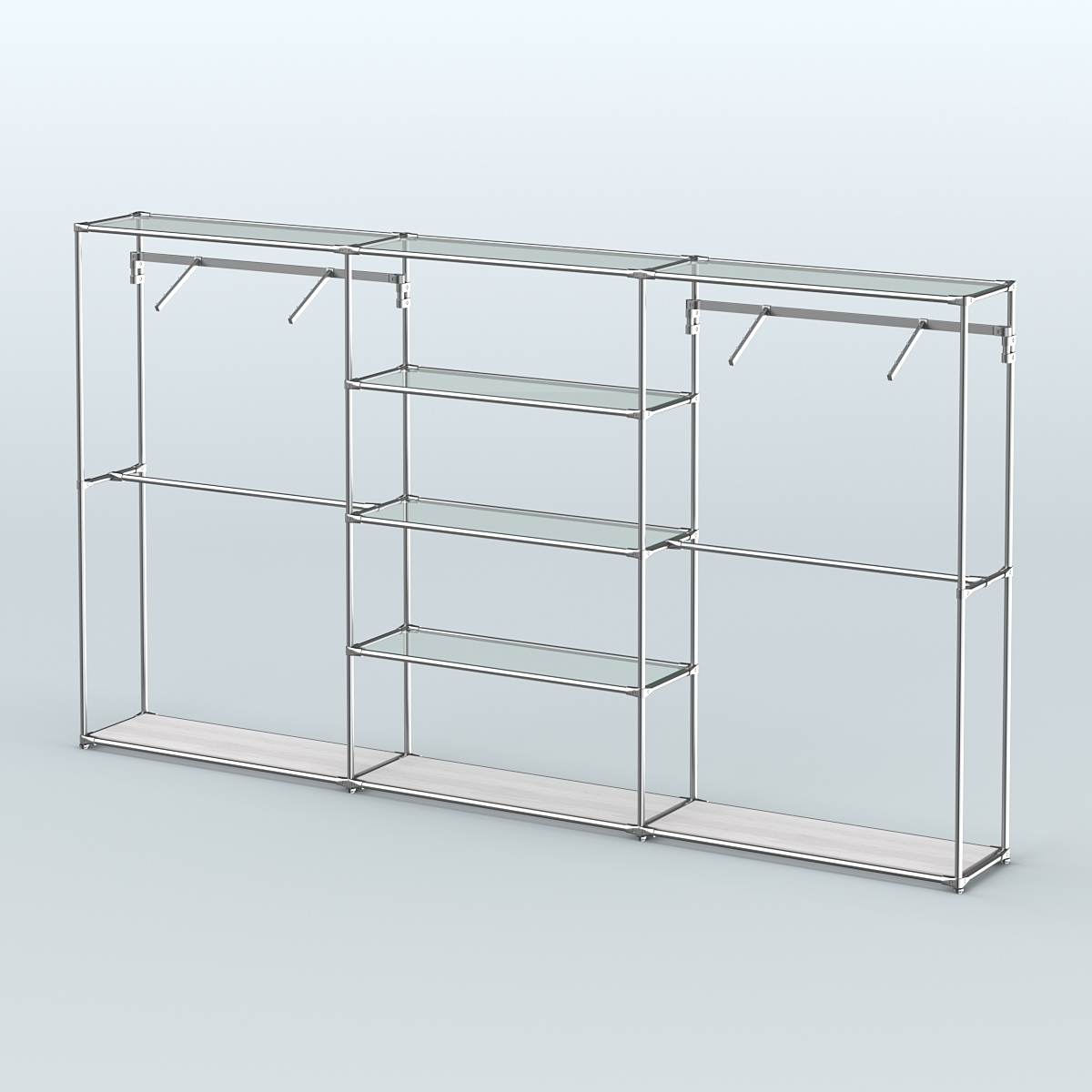 Торговая система ХРОМ без ДСП 3600 мм с прозрачными полками и поручнями №10 Ясень Анкор светлый