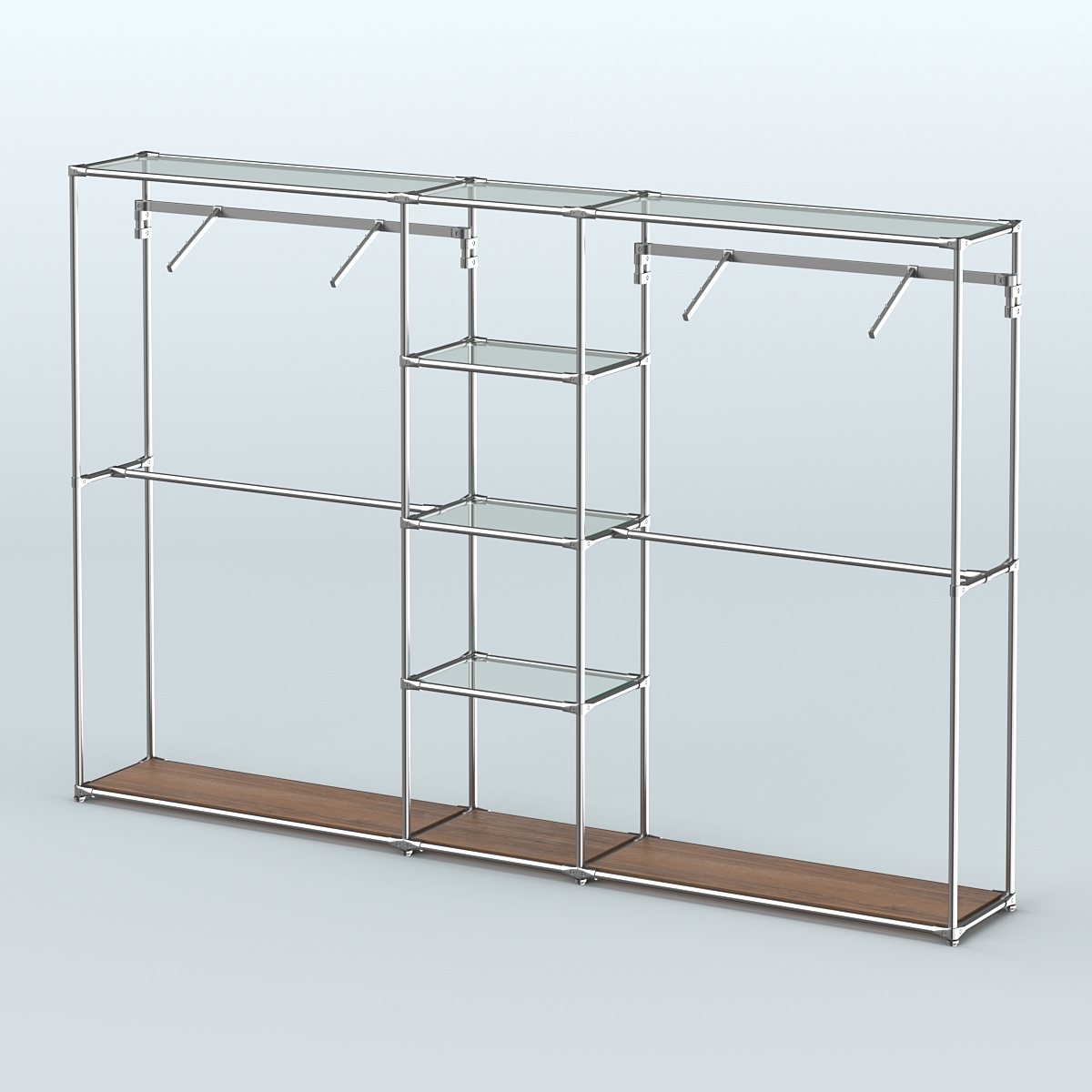 Торговая система ХРОМ без ДСП 3030 мм с прозрачными полками и поручнями №12 Орех