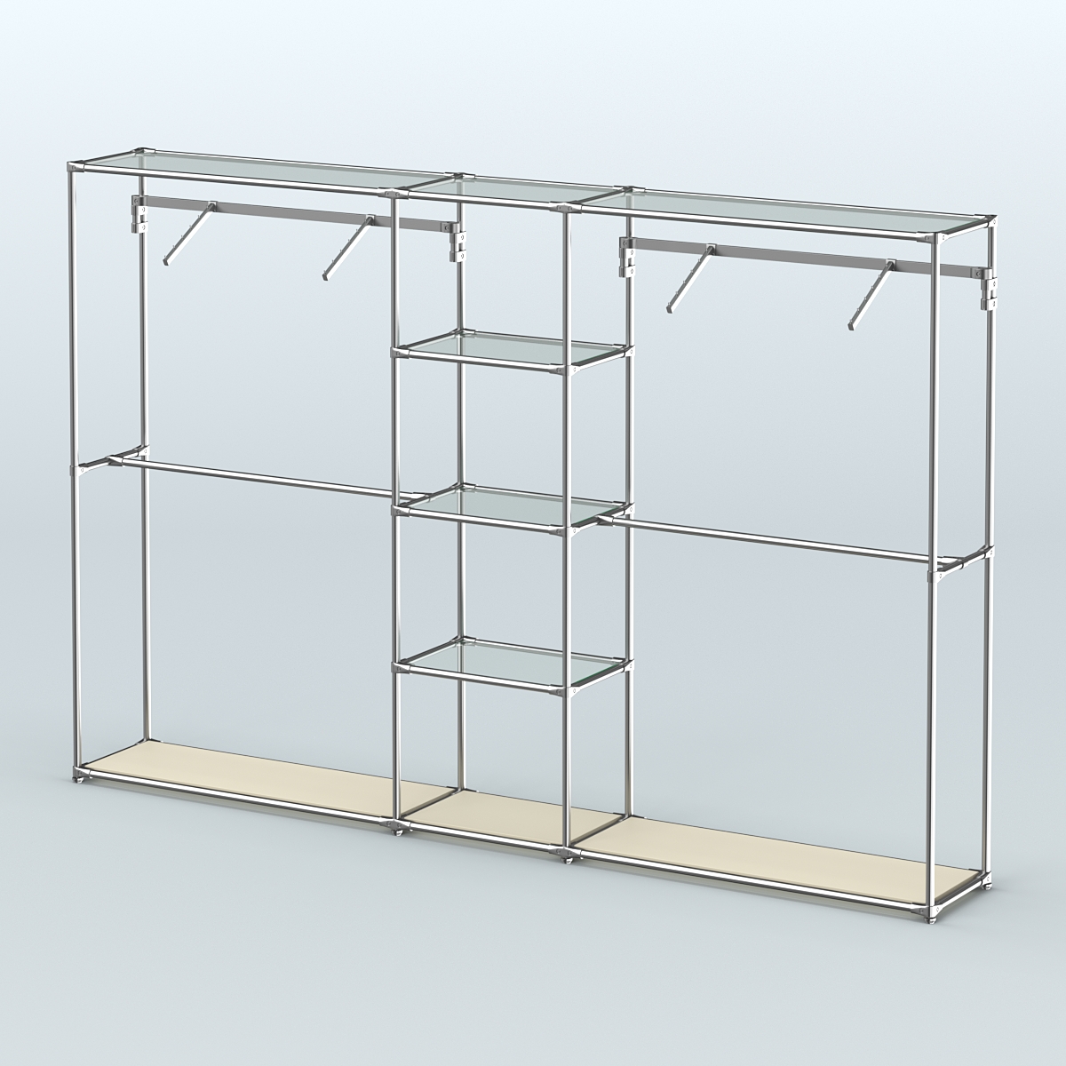 Торговая система ХРОМ без ДСП 3030 мм с прозрачными полками и поручнями №12 Крем Вайс