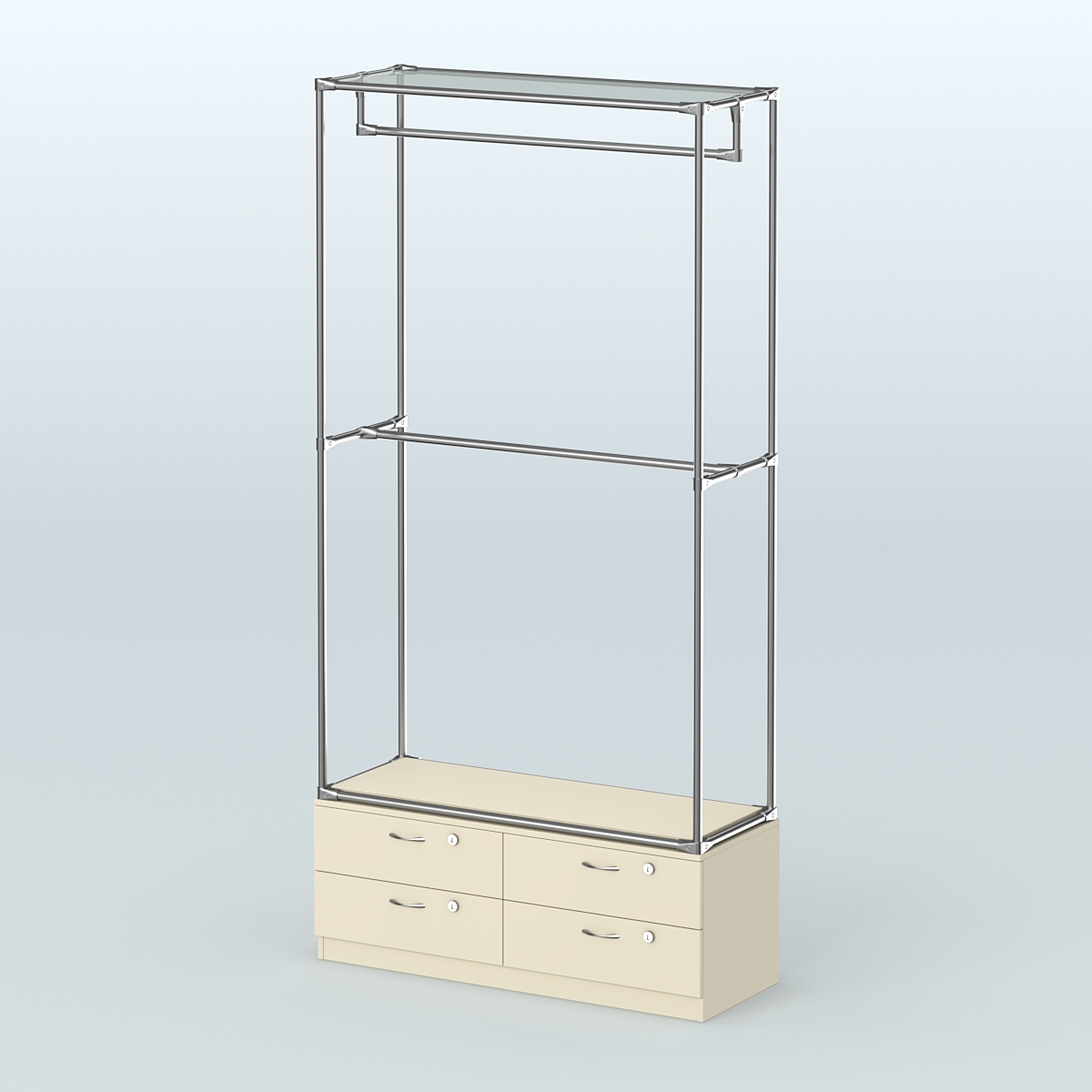 Торговая система ХРОМ без ДСП 1200 мм №1-2 с тумбой Т-14 и поручнями Крем Вайс