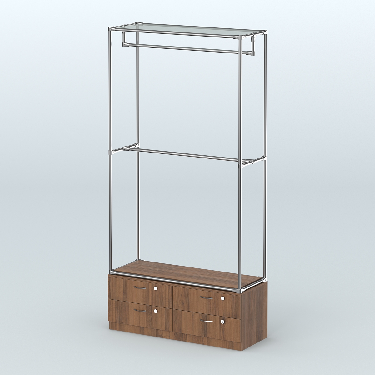 Торговая система ХРОМ без ДСП 1200 мм №1-2 с тумбой Т-14 и поручнями Орех