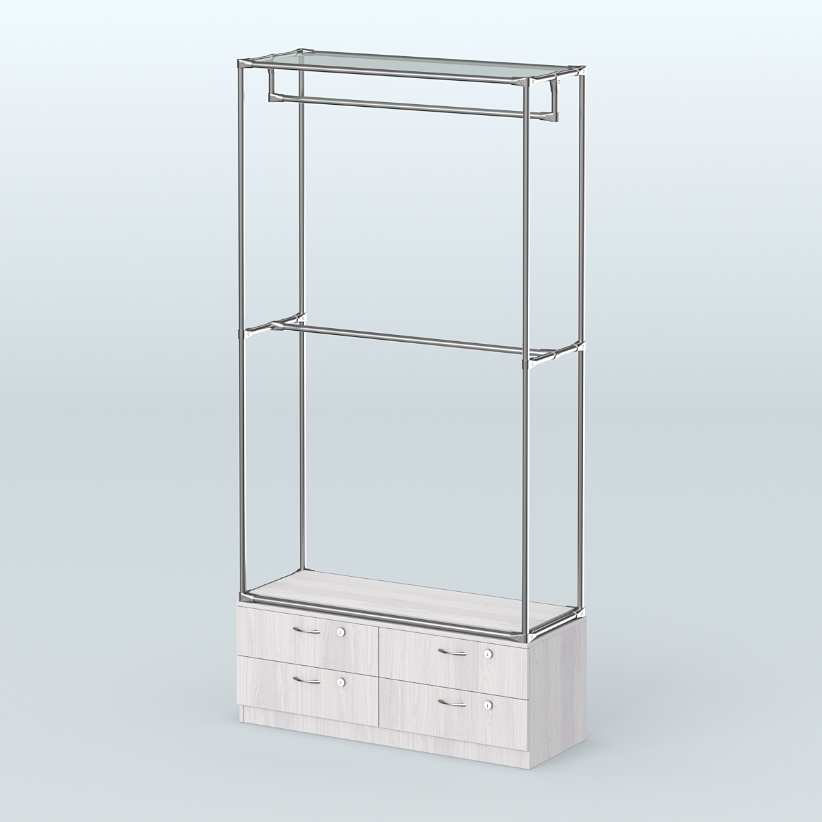 Торговая система ХРОМ без ДСП 1200 мм №1-2 с тумбой Т-14 и поручнями Ясень Анкор светлый