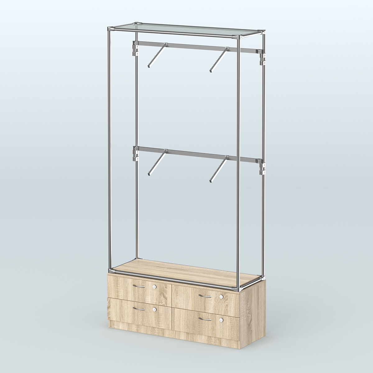 Торговая система ХРОМ без ДСП 1200 мм №3-2 с тумбой Т-14 и поручнями Дуб Сонома