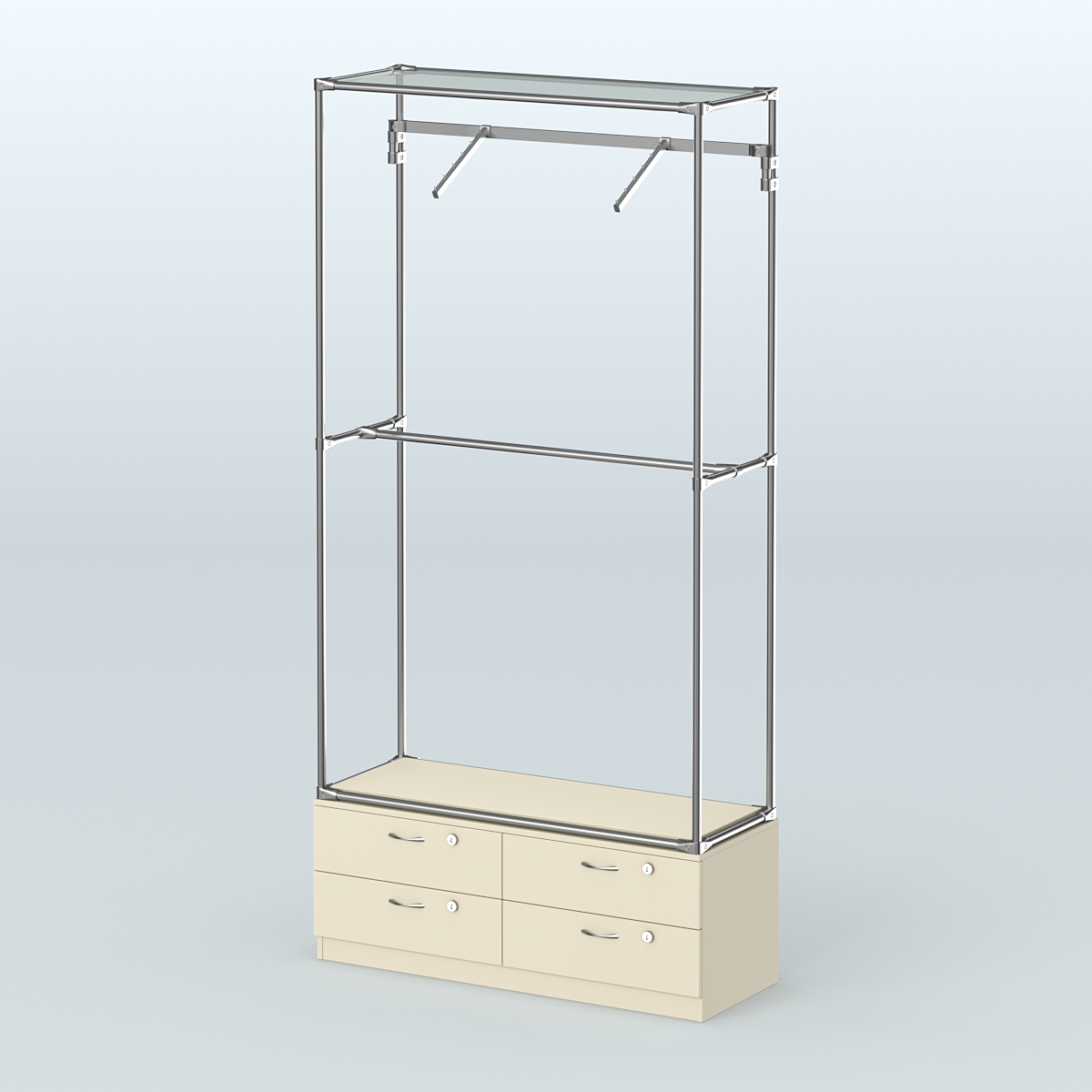 Торговая система ХРОМ без ДСП 1200 мм №4-2 с тумбой Т-14 и поручнями Крем Вайс