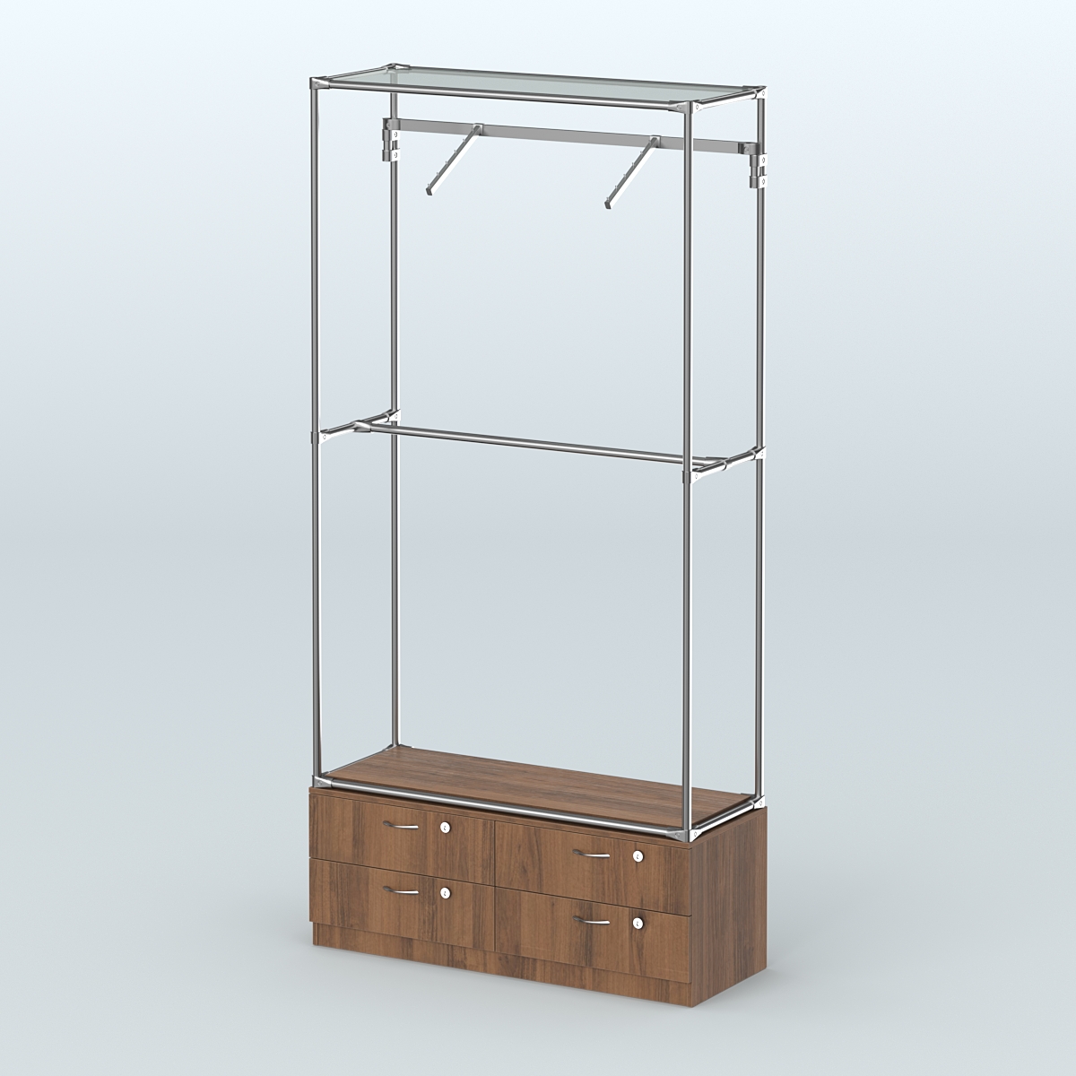 Торговая система ХРОМ без ДСП 1200 мм №4-2 с тумбой Т-14 и поручнями Орех