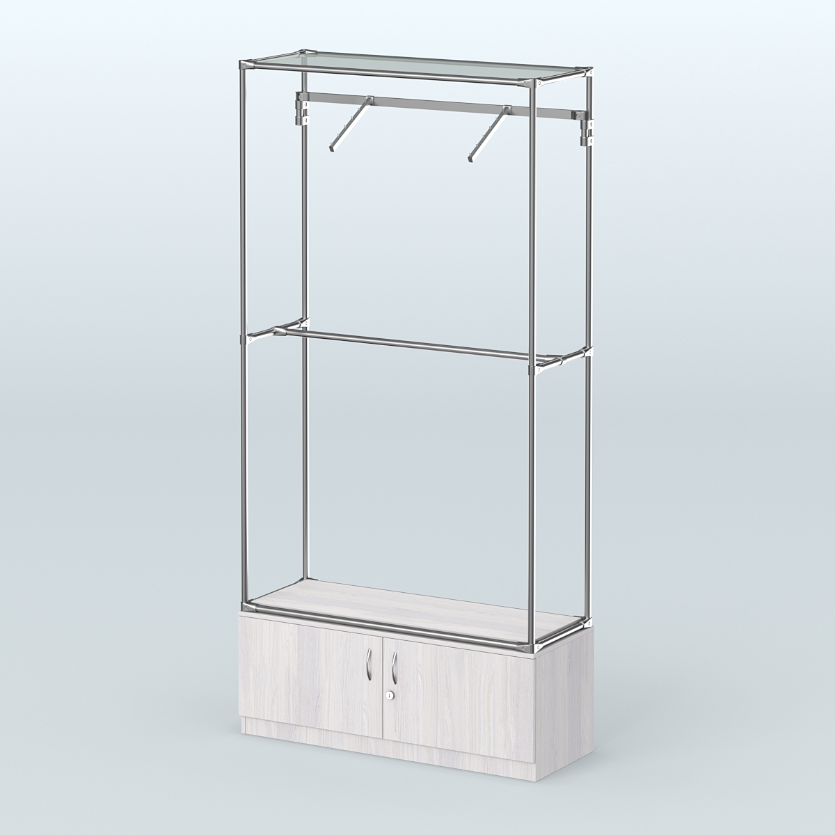 Торговая система ХРОМ без ДСП 1200 мм №4-4 с тумбой Т-21 и поручнями Ясень Анкор светлый