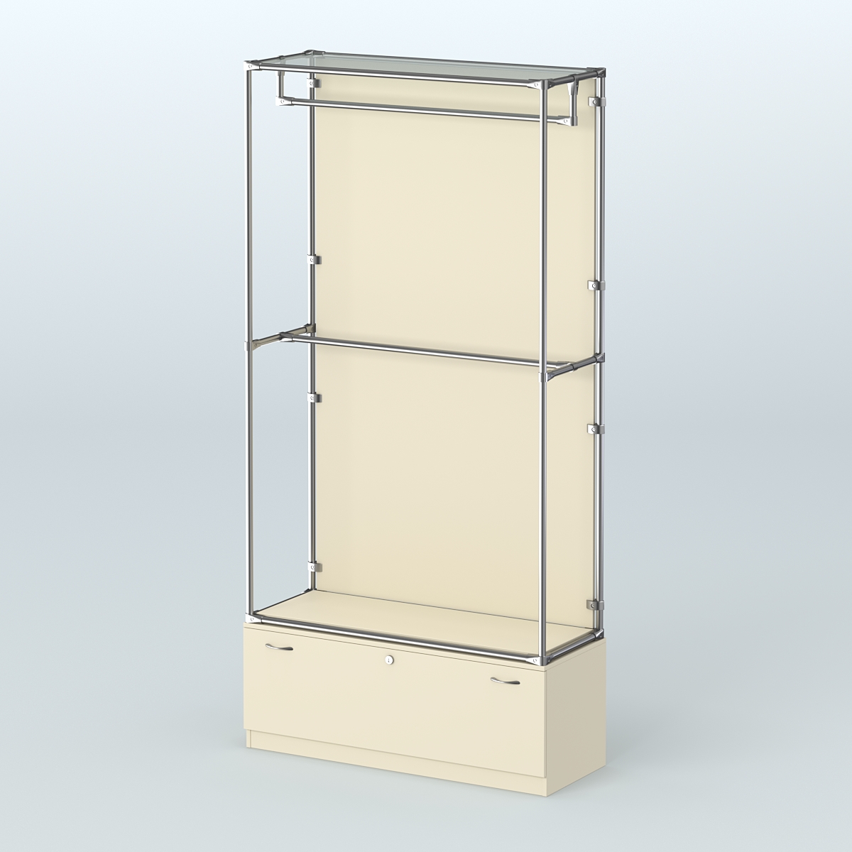 Торговая система ХРОМ (задняя стенка - ДСП) 1200 мм №1-1 с тумбой Т-11 и поручнями Крем Вайс