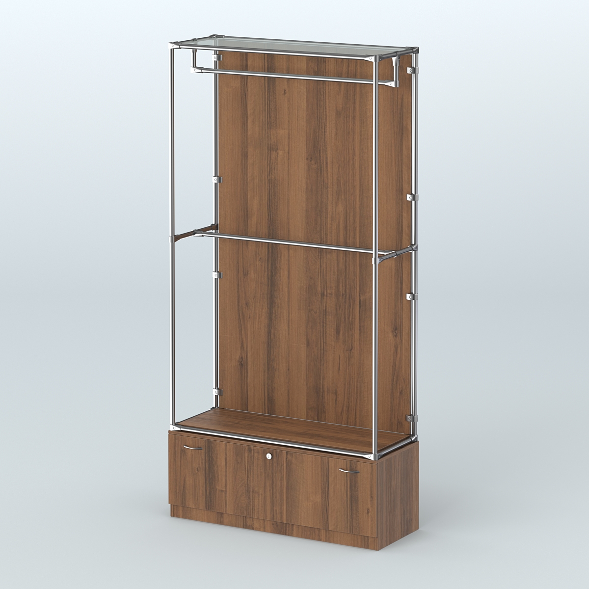 Торговая система ХРОМ (задняя стенка - ДСП) 1200 мм №1-1 с тумбой Т-11 и поручнями Орех