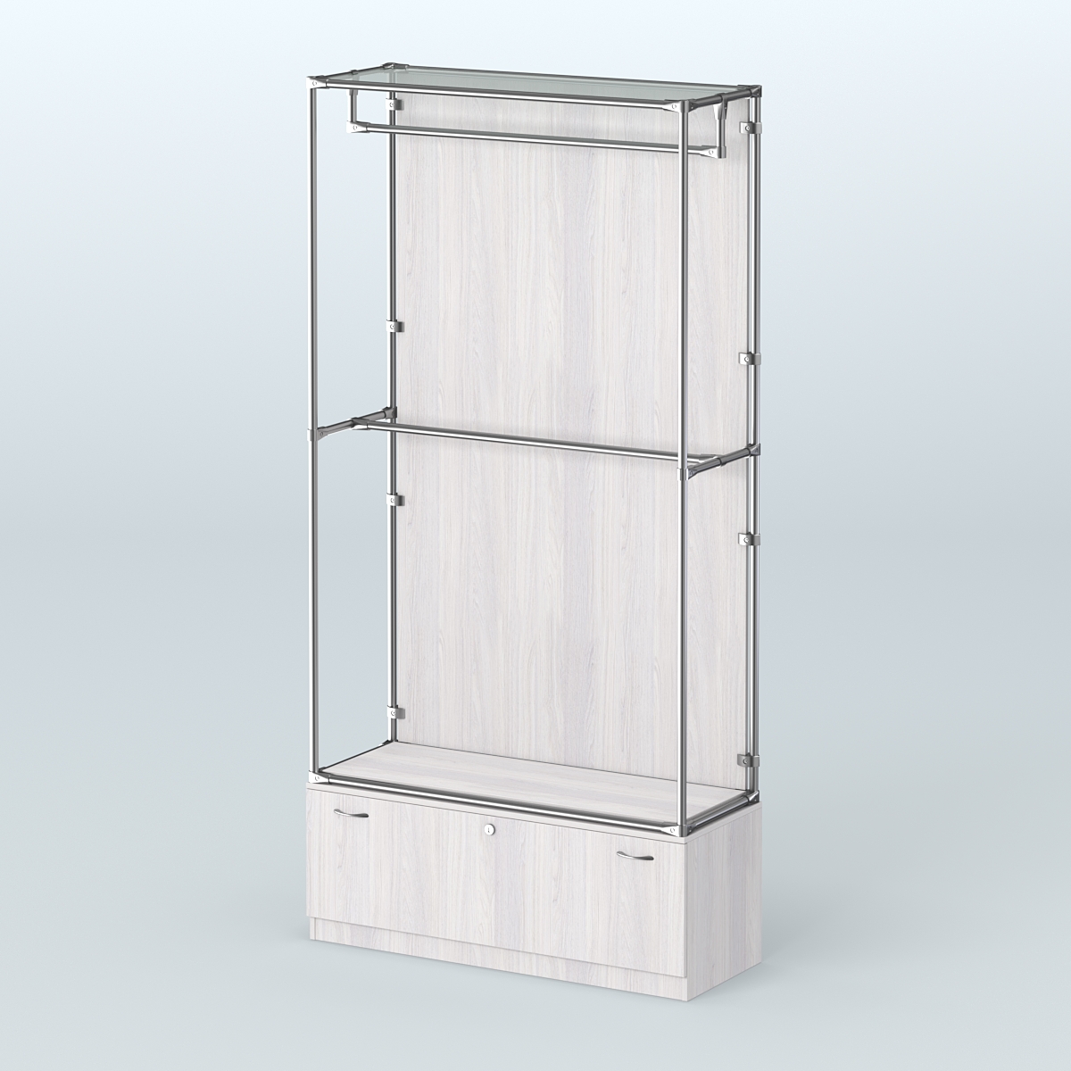 Торговая система ХРОМ (задняя стенка - ДСП) 1200 мм №1-1 с тумбой Т-11 и поручнями Ясень Анкор светлый