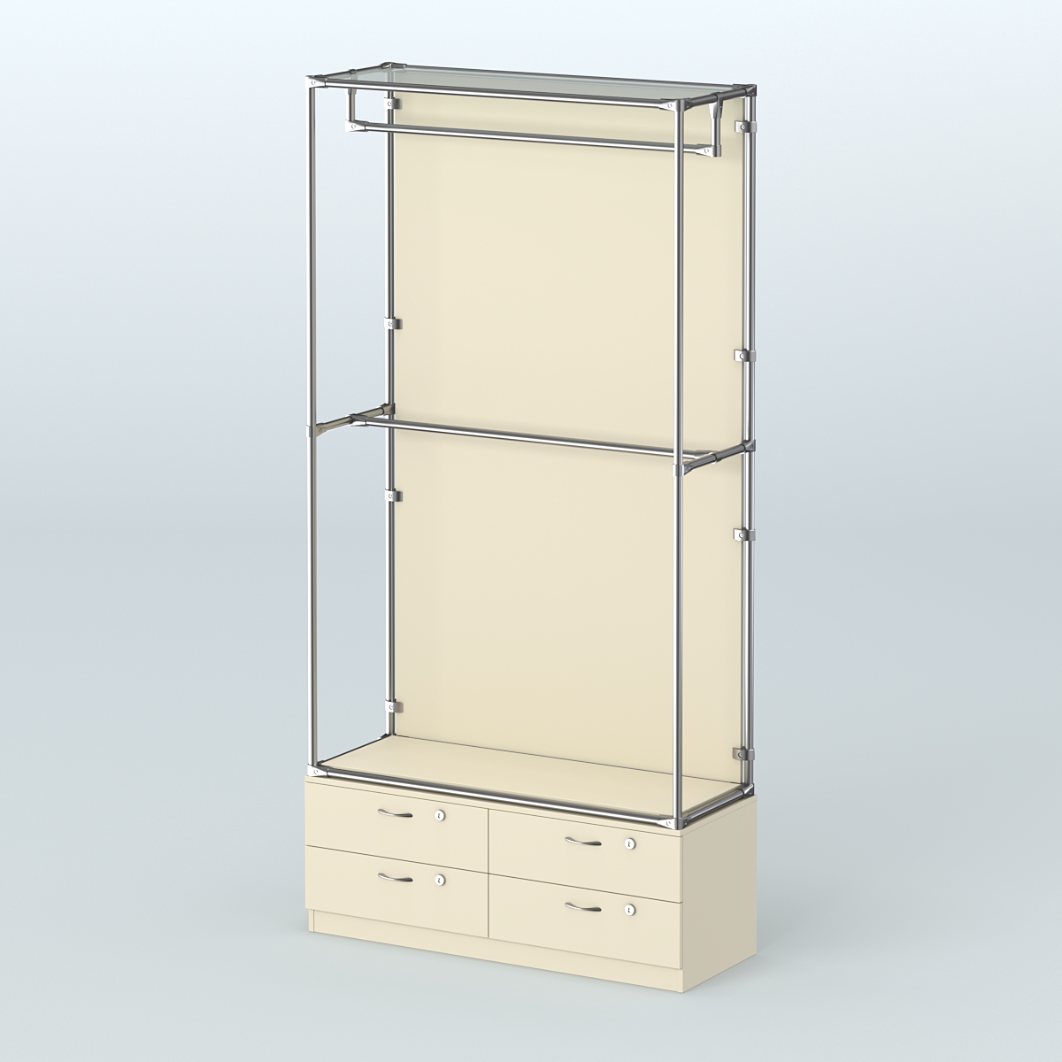 Торговая система ХРОМ (задняя стенка - ДСП) 1200 мм №1-2 с тумбой Т-14 и поручнями Крем Вайс