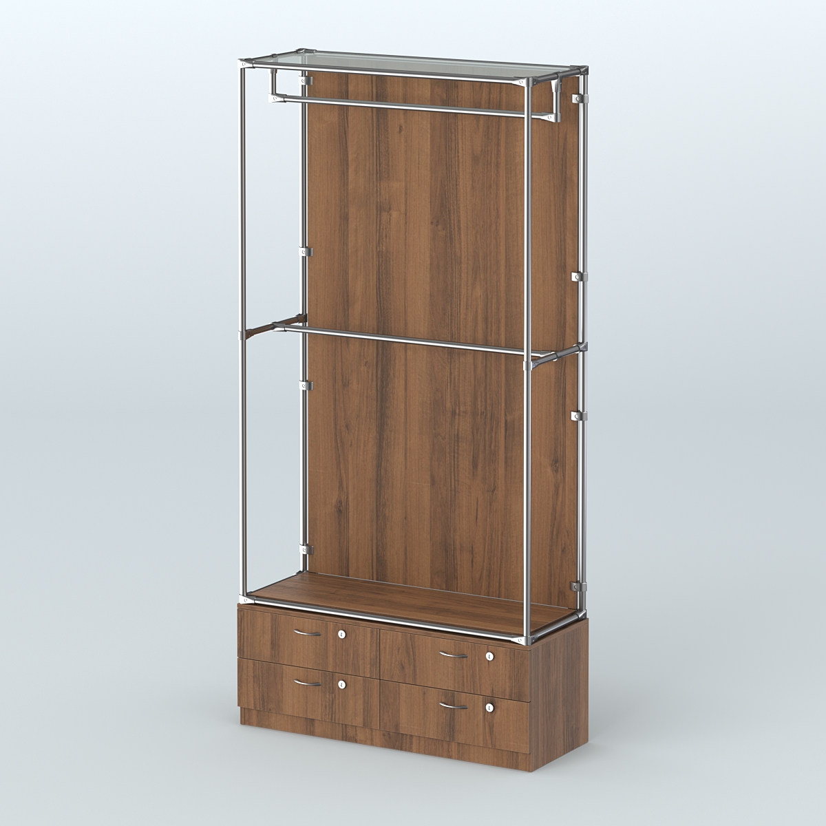 Торговая система ХРОМ (задняя стенка - ДСП) 1200 мм №1-2 с тумбой Т-14 и поручнями Орех