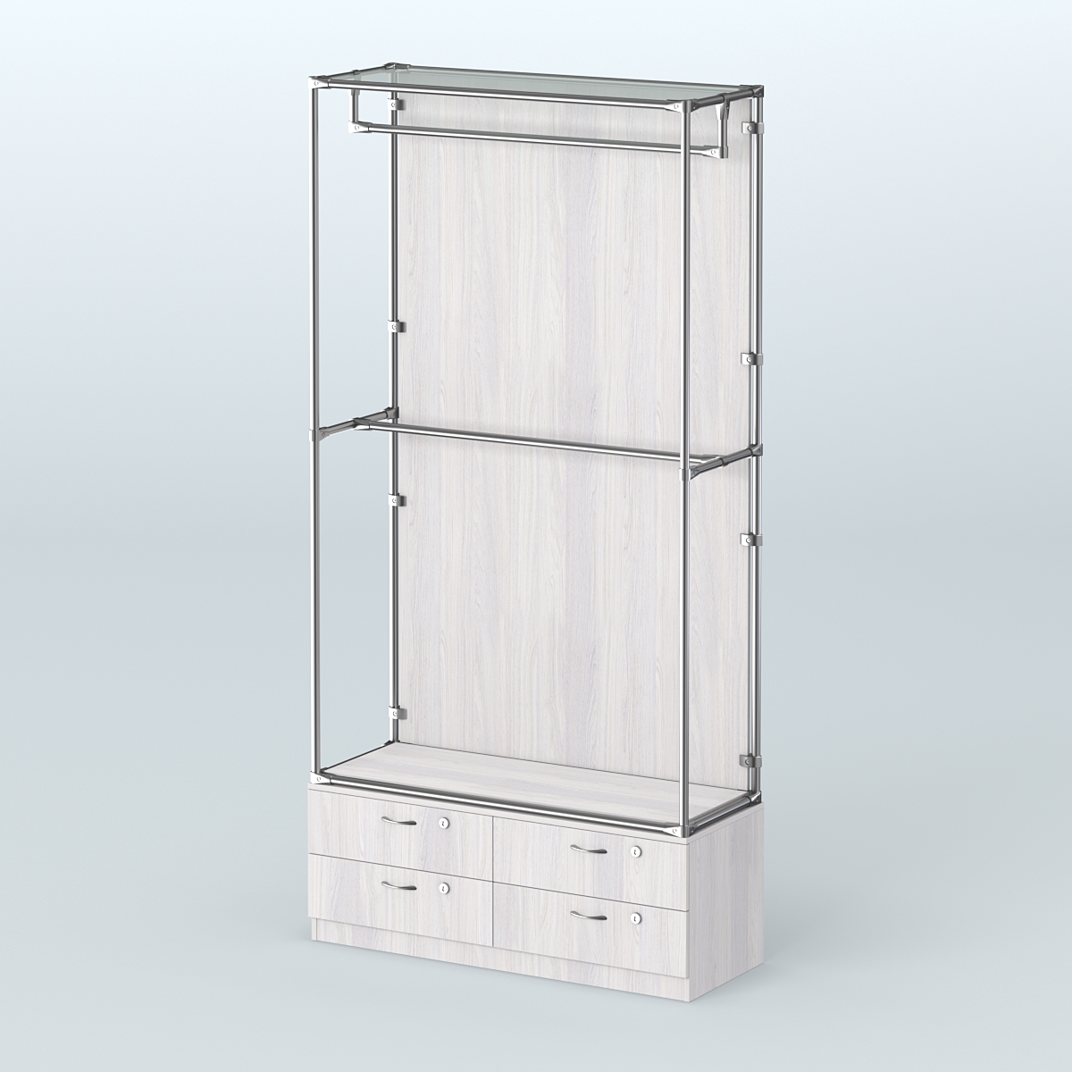 Торговая система ХРОМ (задняя стенка - ДСП) 1200 мм №1-2 с тумбой Т-14 и поручнями Ясень Анкор светлый