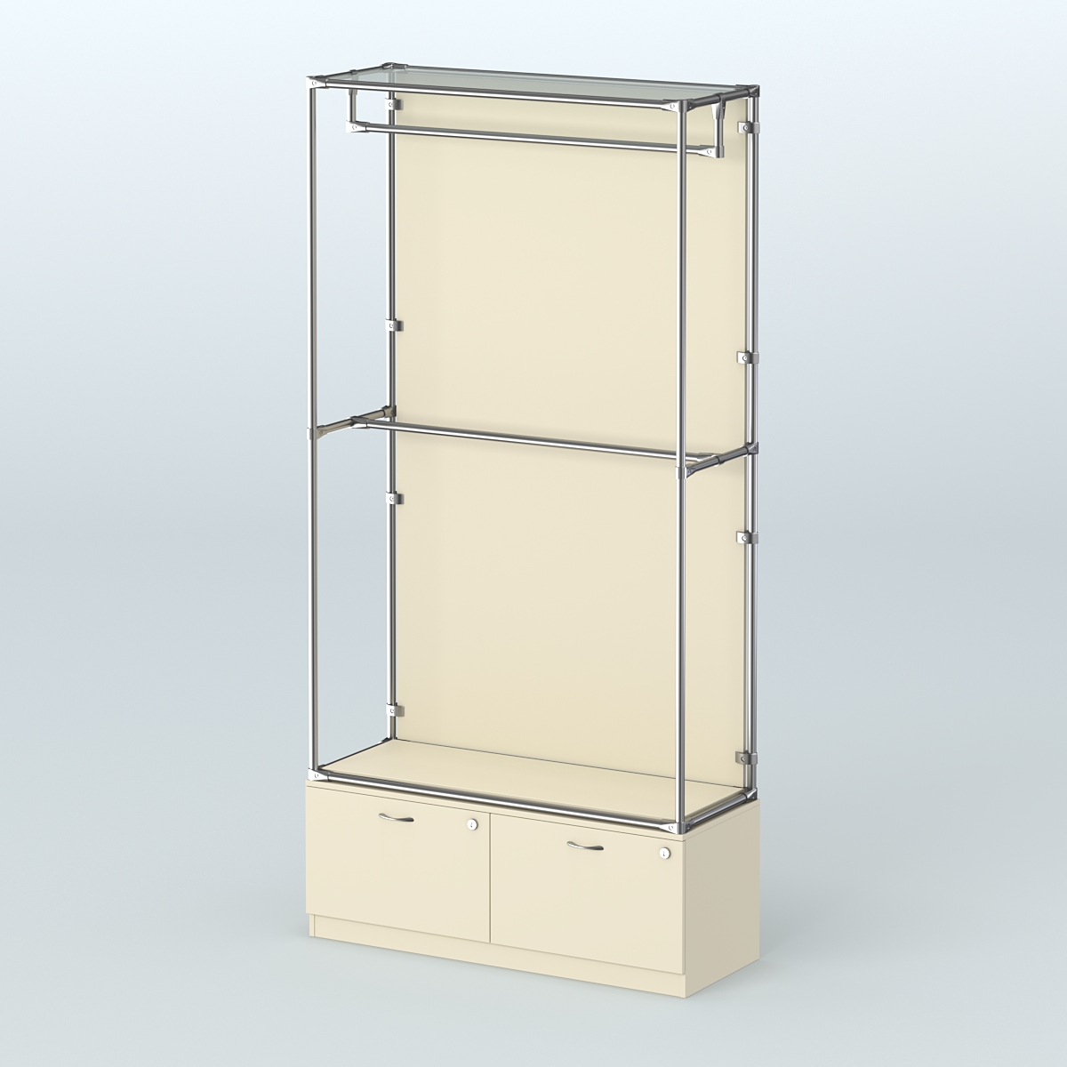 Торговая система ХРОМ (задняя стенка - ДСП) 1200 мм №1-3 с тумбой Т-15 и поручнями Крем Вайс