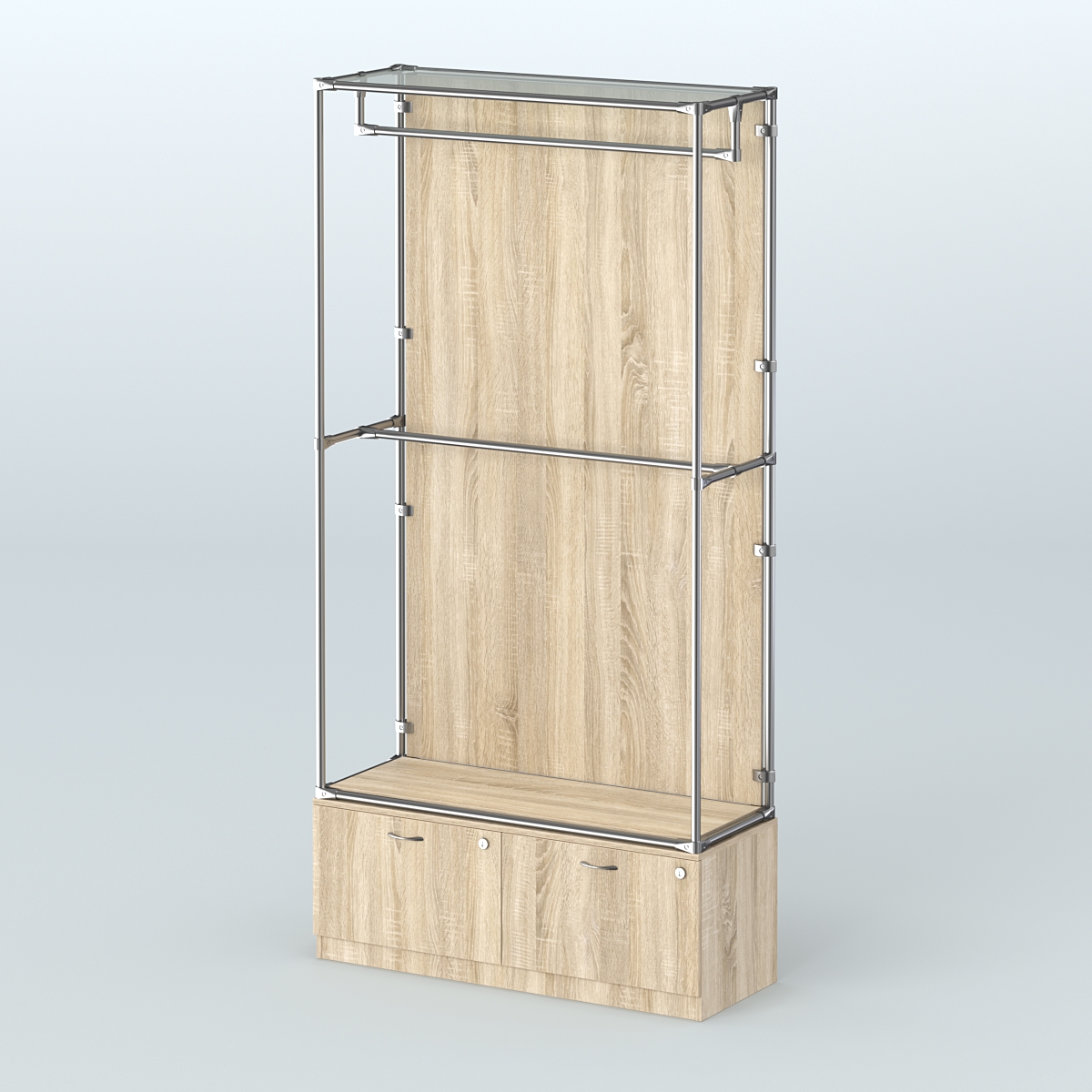 Торговая система ХРОМ (задняя стенка - ДСП) 1200 мм №1-3 с тумбой Т-15 и поручнями Дуб Сонома