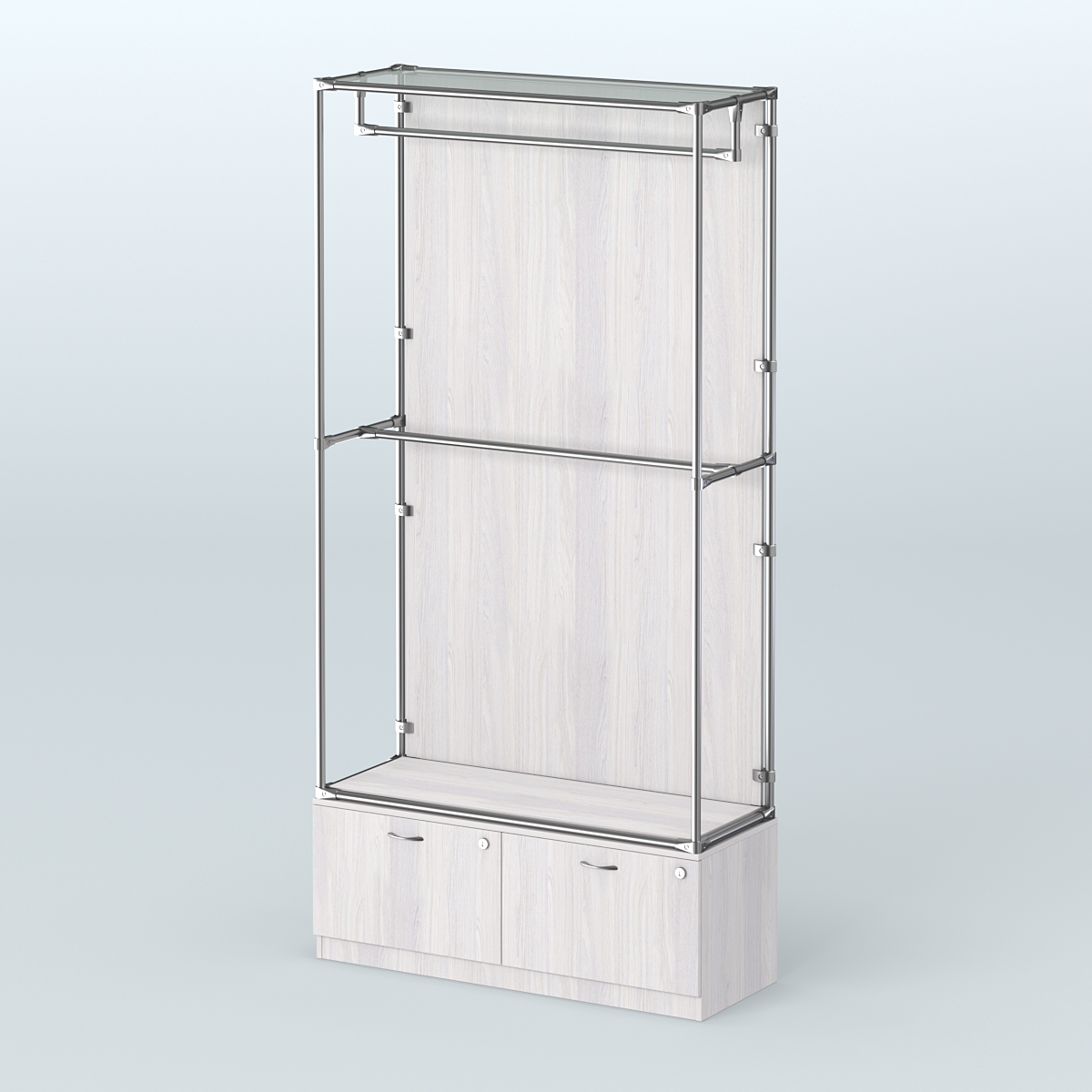 Торговая система ХРОМ (задняя стенка - ДСП) 1200 мм №1-3 с тумбой Т-15 и поручнями Ясень Анкор светлый