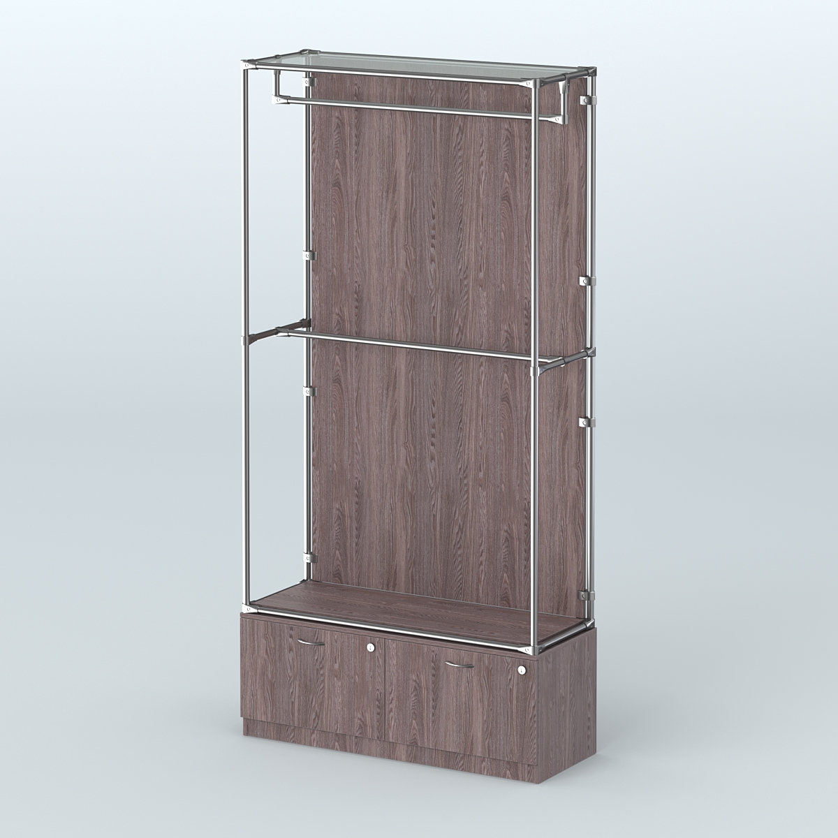 Торговая система ХРОМ (задняя стенка - ДСП) 1200 мм №1-3 с тумбой Т-15 и поручнями Ясень Анкор темный