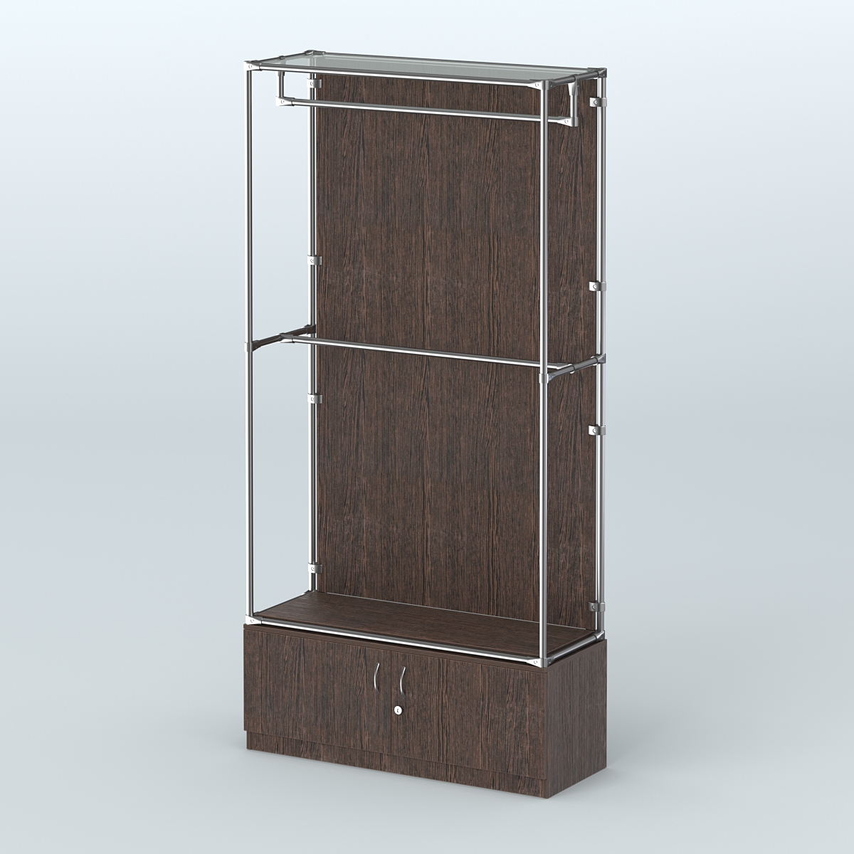 Торговая система ХРОМ (задняя стенка - ДСП) 1200 мм №1-4 с тумбой Т-21 и поручнями Дуб Венге