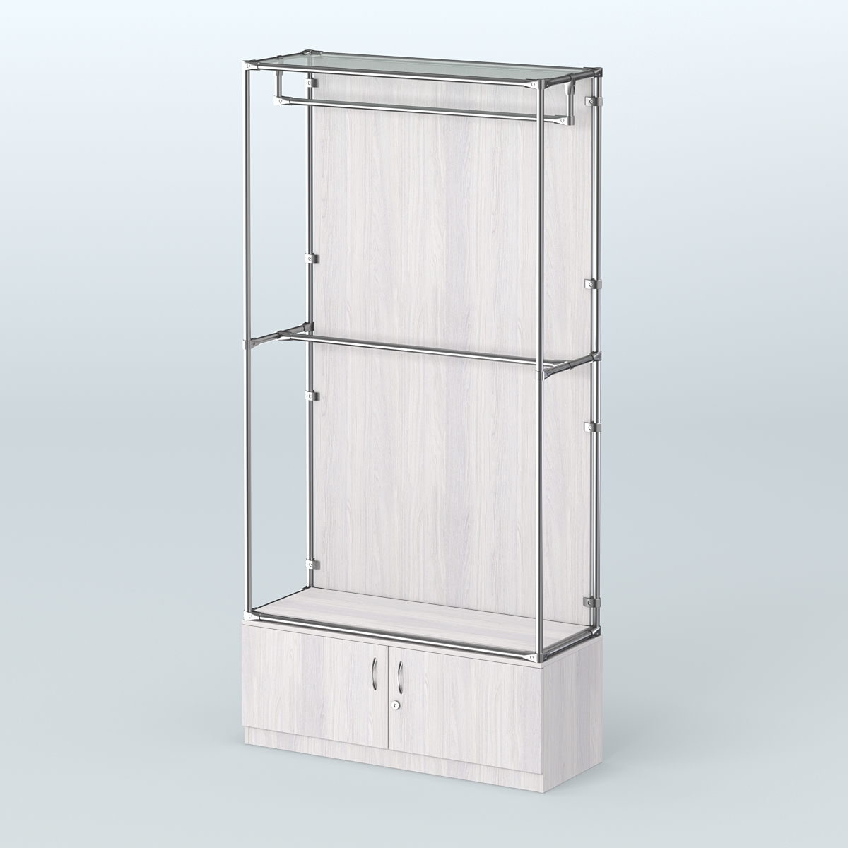 Торговая система ХРОМ (задняя стенка - ДСП) 1200 мм №1-4 с тумбой Т-21 и поручнями Ясень Анкор светлый