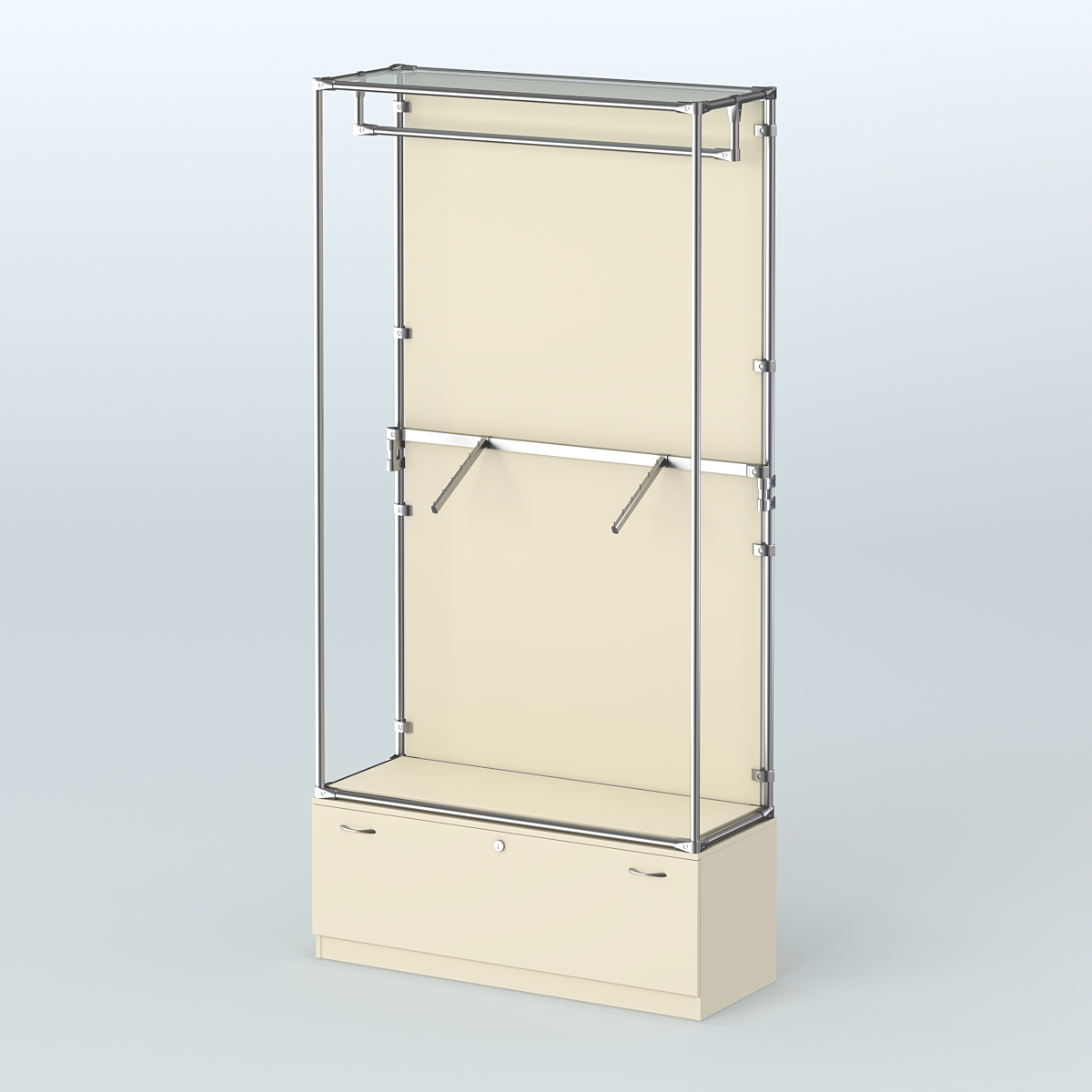 Торговая система ХРОМ (задняя стенка - ДСП) 1200 мм №2-1 с тумбой Т-11 и поручнями Крем Вайс