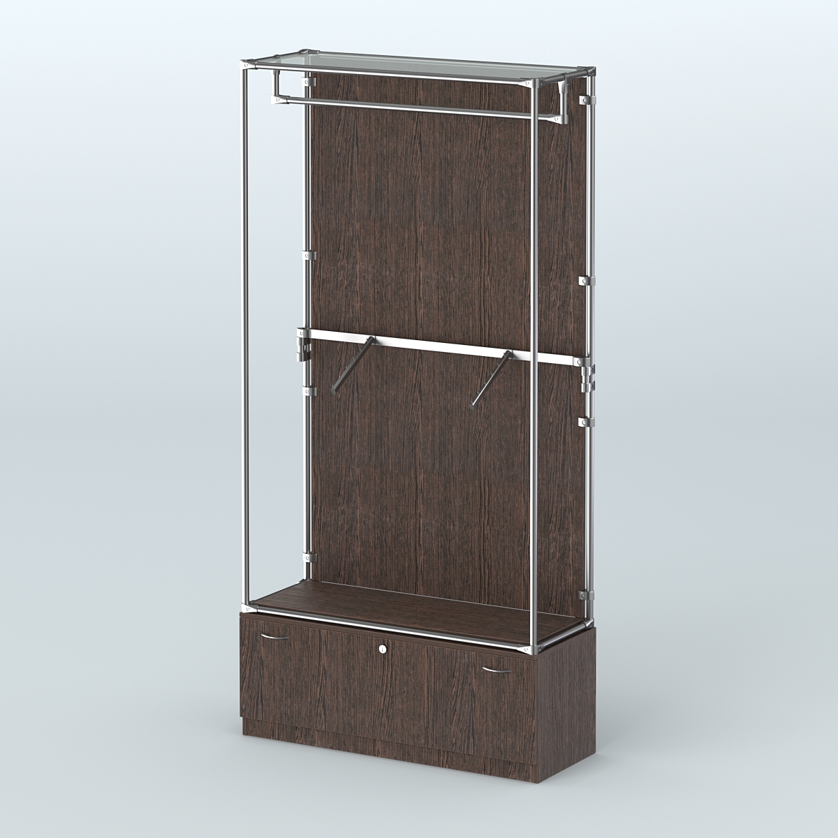 Торговая система ХРОМ (задняя стенка - ДСП) 1200 мм №2-1 с тумбой Т-11 и поручнями Дуб Венге