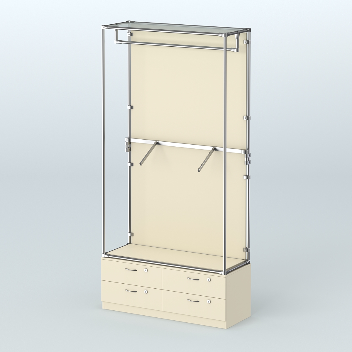 Торговая система ХРОМ (задняя стенка - ДСП) 1200 мм №2-2 с тумбой Т-14 и поручнями Крем Вайс