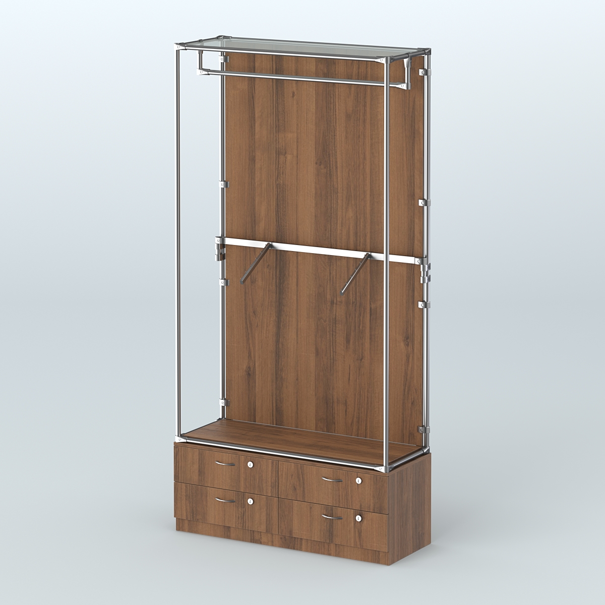 Торговая система ХРОМ (задняя стенка - ДСП) 1200 мм №2-2 с тумбой Т-14 и поручнями Орех