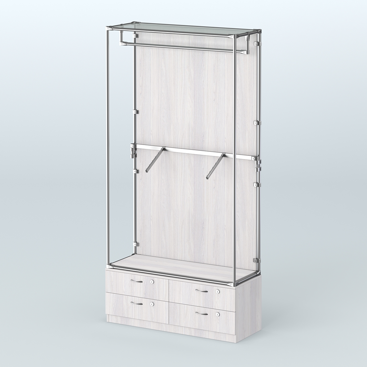 Торговая система ХРОМ (задняя стенка - ДСП) 1200 мм №2-2 с тумбой Т-14 и поручнями Ясень Анкор светлый