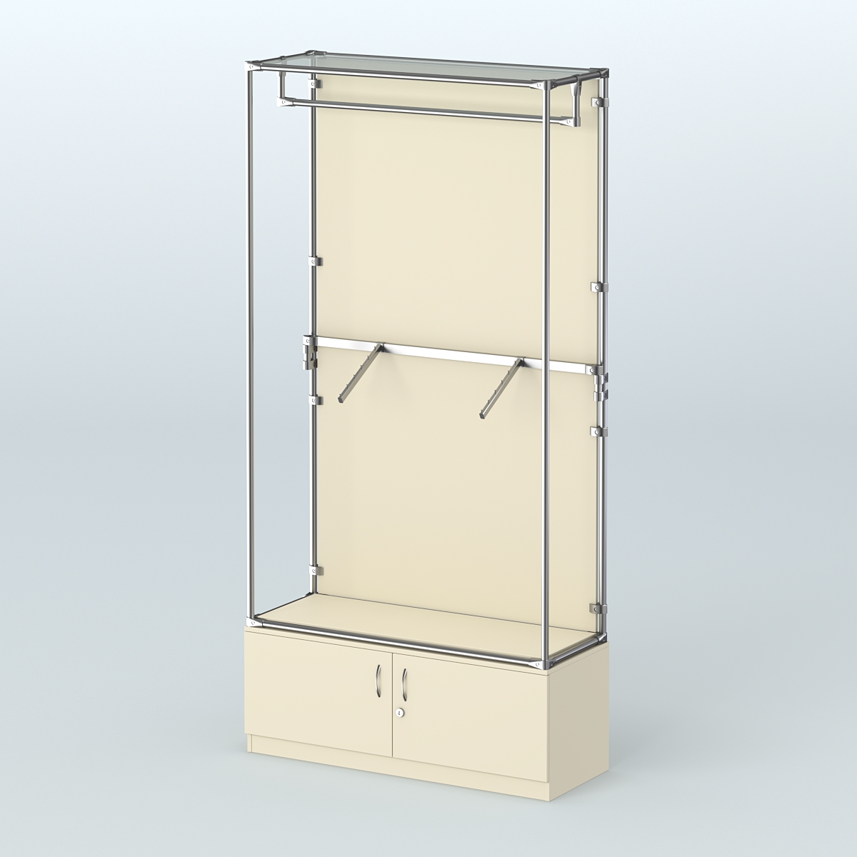 Торговая система ХРОМ (задняя стенка - ДСП) 1200 мм №2-4 с тумбой Т-21 и поручнями Крем Вайс