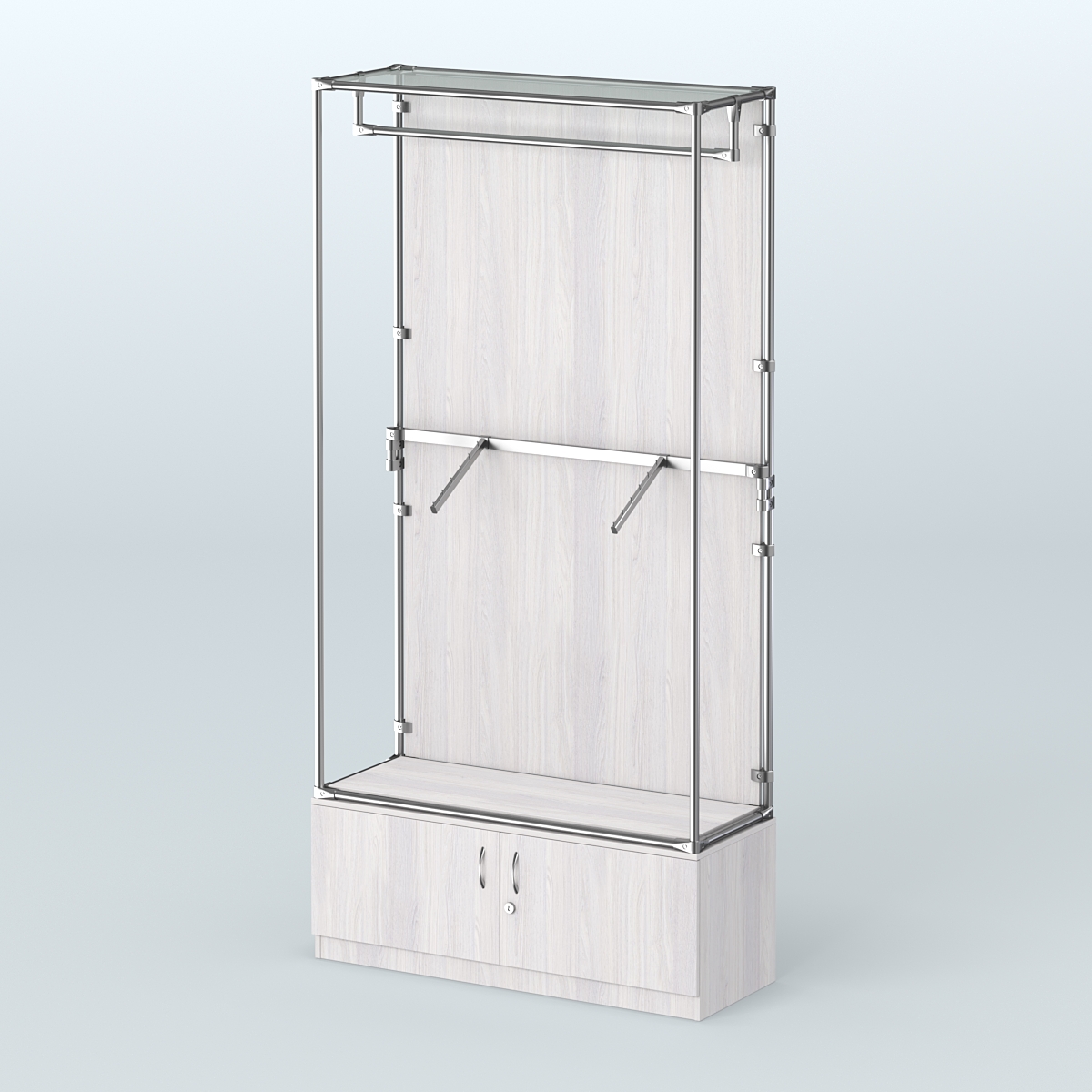 Торговая система ХРОМ (задняя стенка - ДСП) 1200 мм №2-4 с тумбой Т-21 и поручнями Ясень Анкор светлый