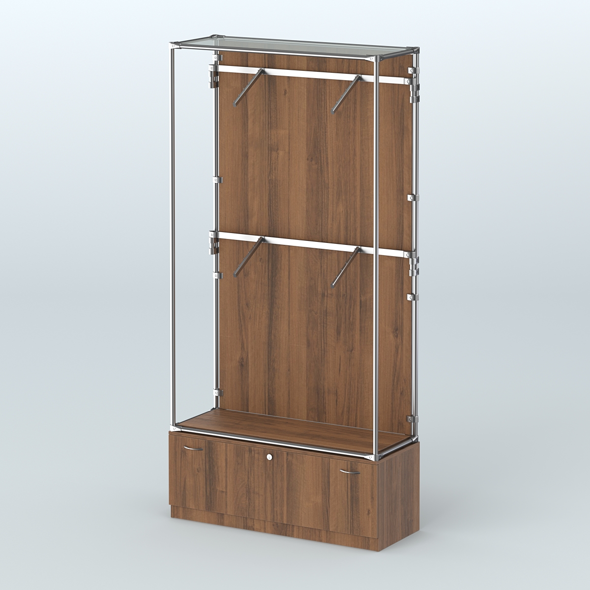 Торговая система ХРОМ (задняя стенка - ДСП) 1200 мм №3-1 с тумбой Т-11 и поручнями Орех