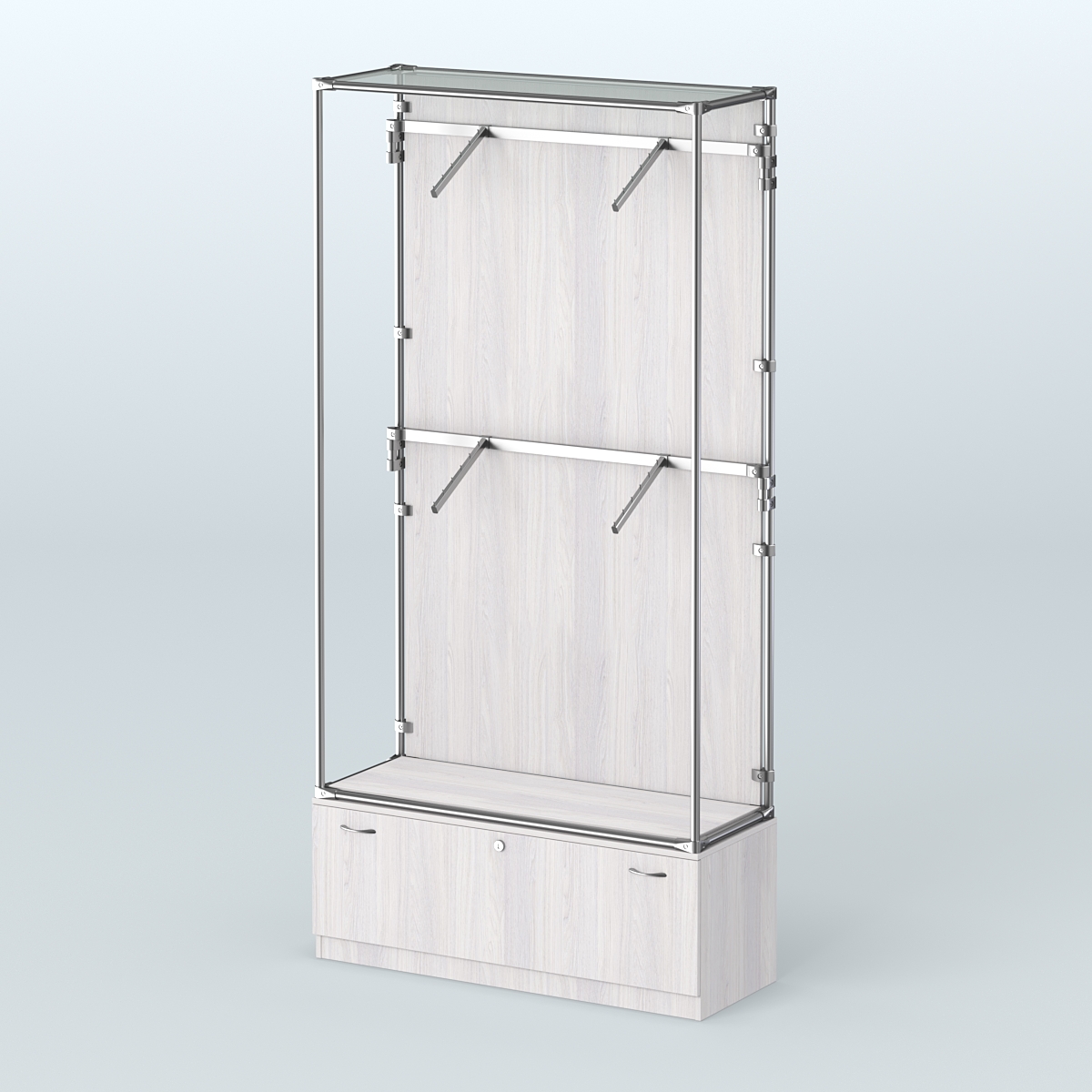 Торговая система ХРОМ (задняя стенка - ДСП) 1200 мм №3-1 с тумбой Т-11 и поручнями Ясень Анкор светлый