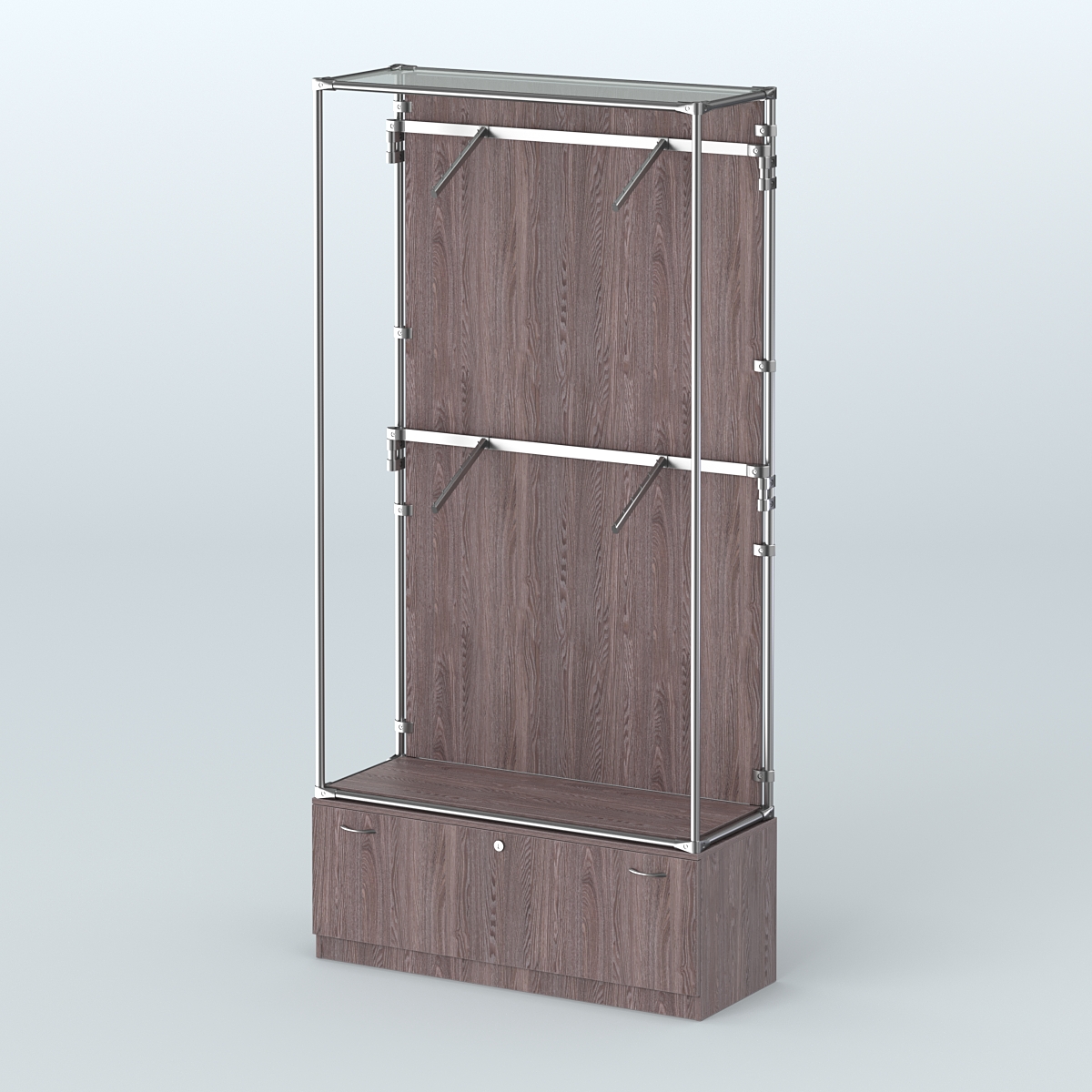 Торговая система ХРОМ (задняя стенка - ДСП) 1200 мм №3-1 с тумбой Т-11 и поручнями Ясень Анкор темный