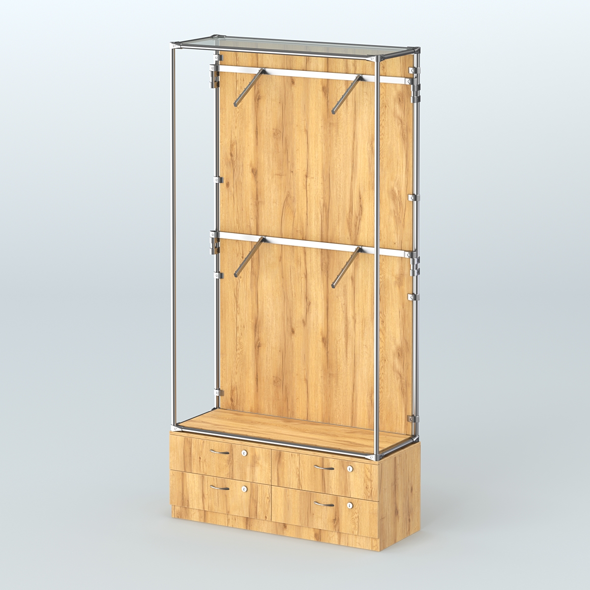 Торговая система ХРОМ (задняя стенка - ДСП) 1200 мм №3-2 с тумбой Т-14 и поручнями Дуб Золотистый