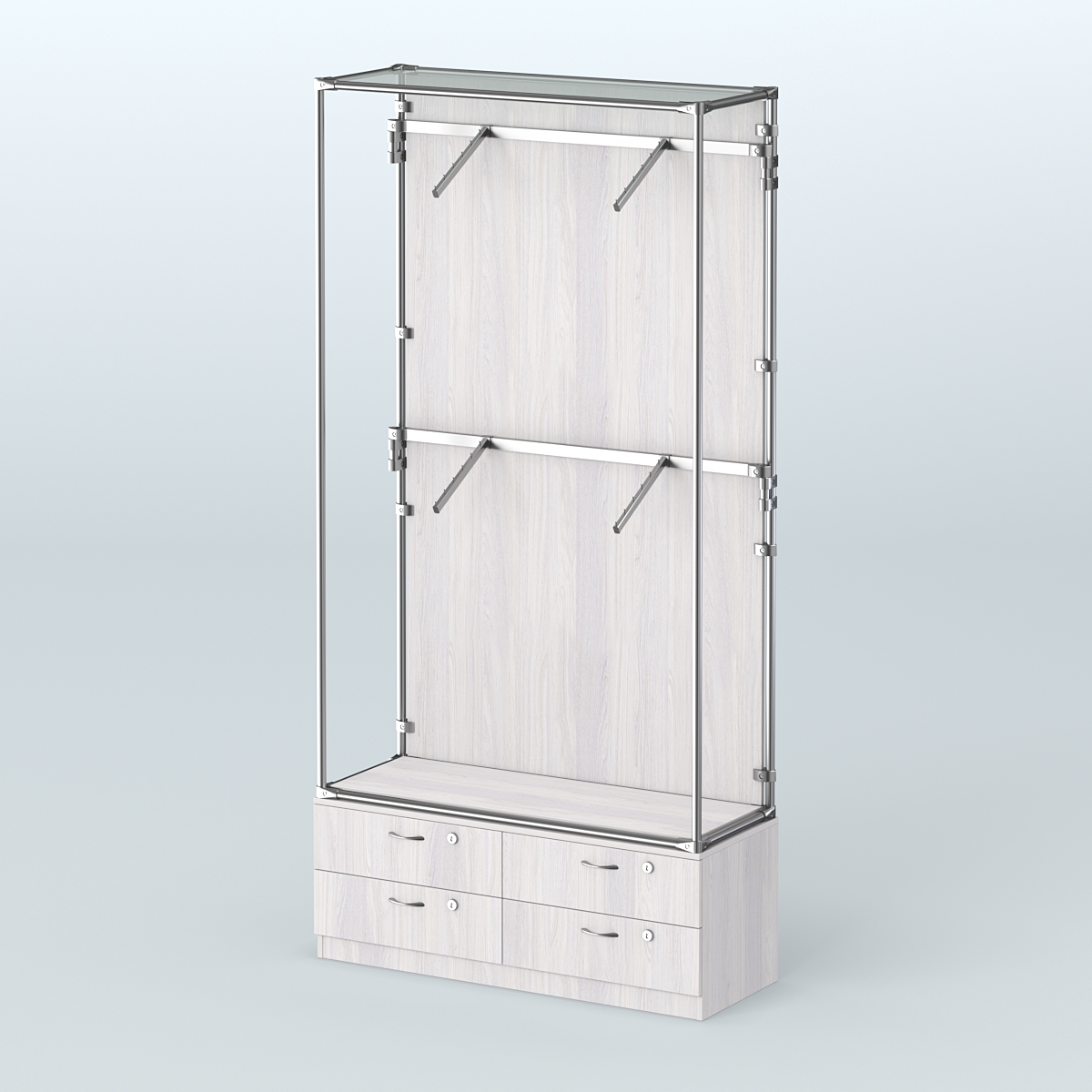 Торговая система ХРОМ (задняя стенка - ДСП) 1200 мм №3-2 с тумбой Т-14 и поручнями Ясень Анкор светлый