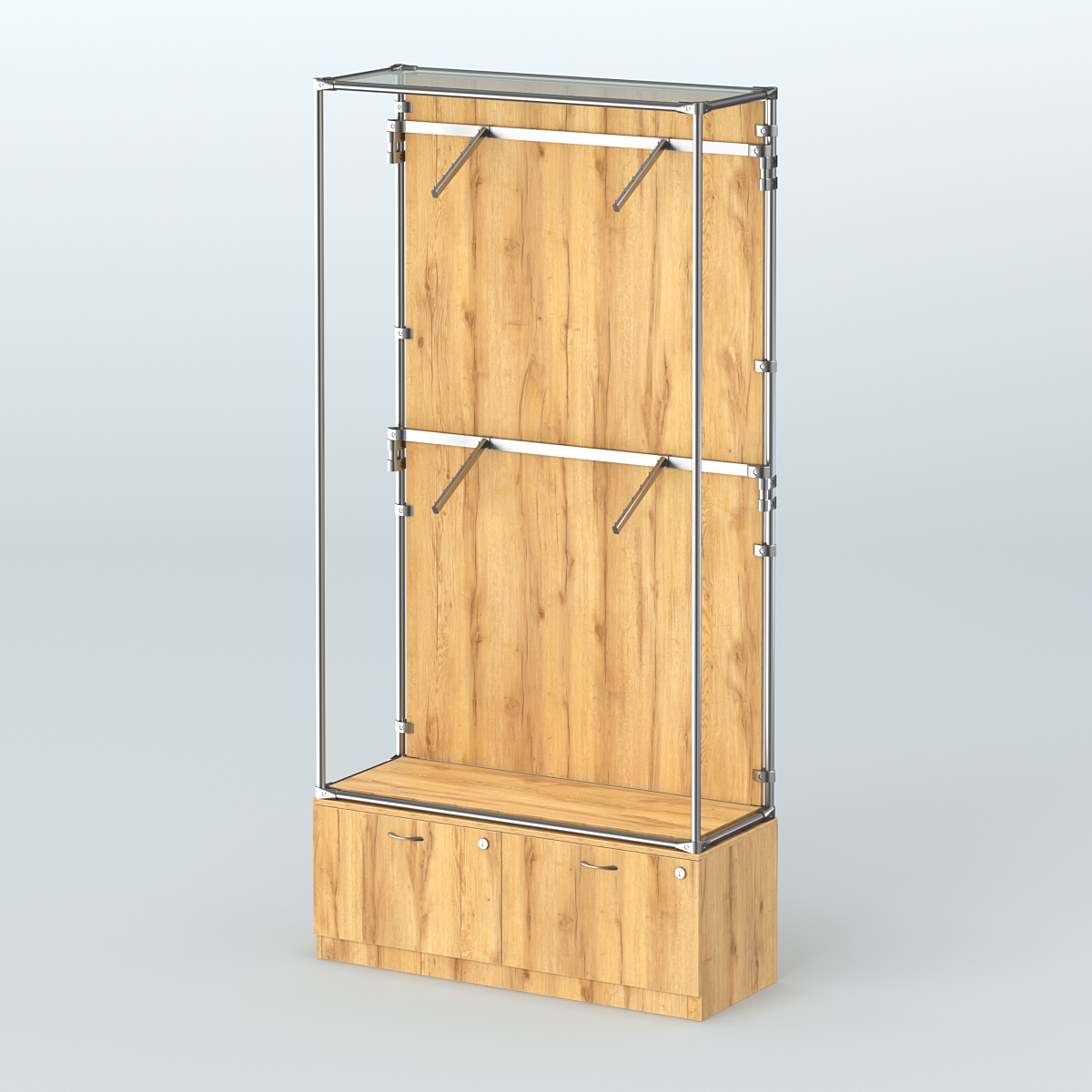 Торговая система ХРОМ (задняя стенка - ДСП) 1200 мм №3-3 с тумбой Т-15 и поручнями Дуб Золотистый