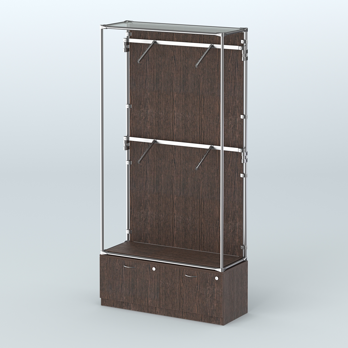 Торговая система ХРОМ (задняя стенка - ДСП) 1200 мм №3-3 с тумбой Т-15 и поручнями Дуб Венге