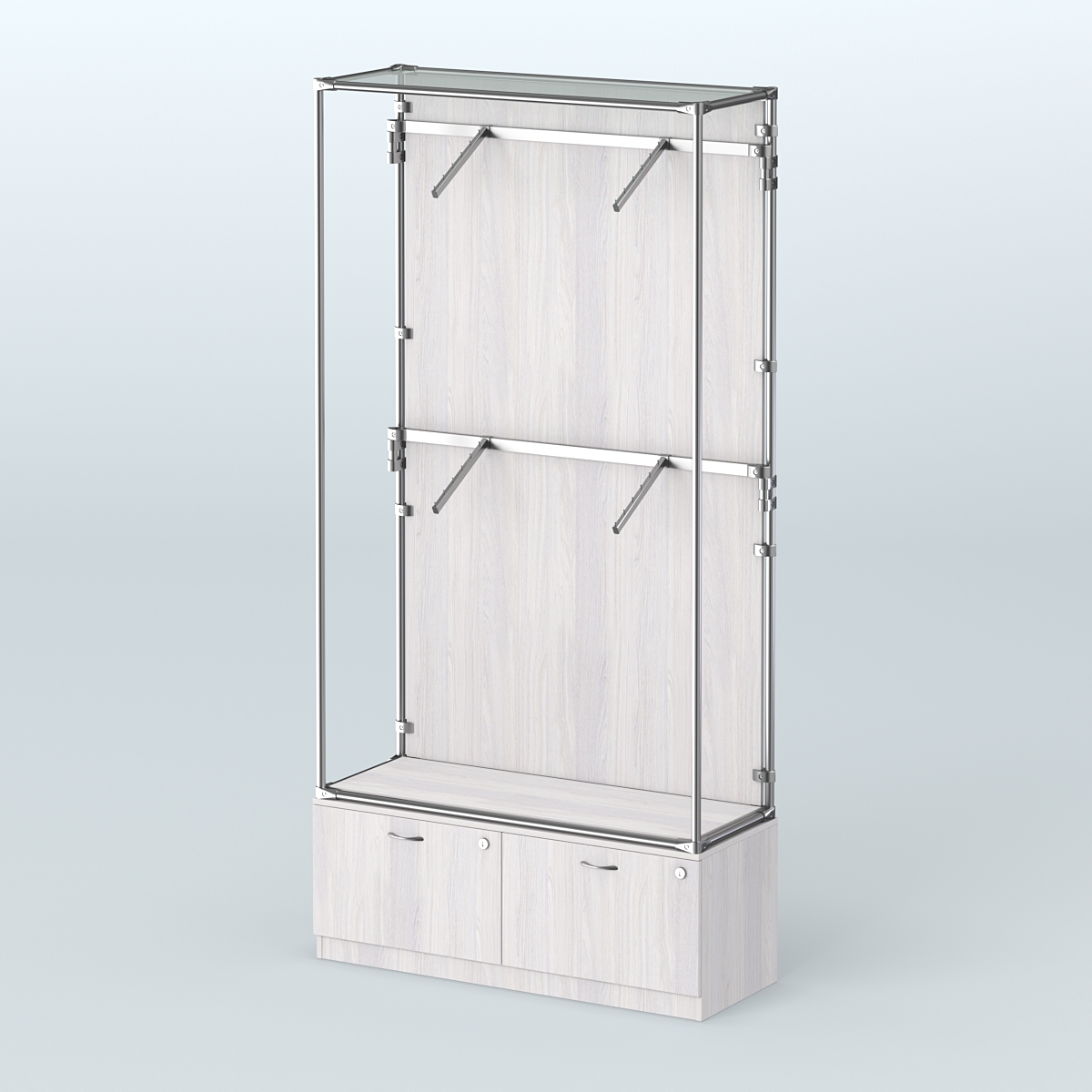 Торговая система ХРОМ (задняя стенка - ДСП) 1200 мм №3-3 с тумбой Т-15 и поручнями Ясень Анкор светлый