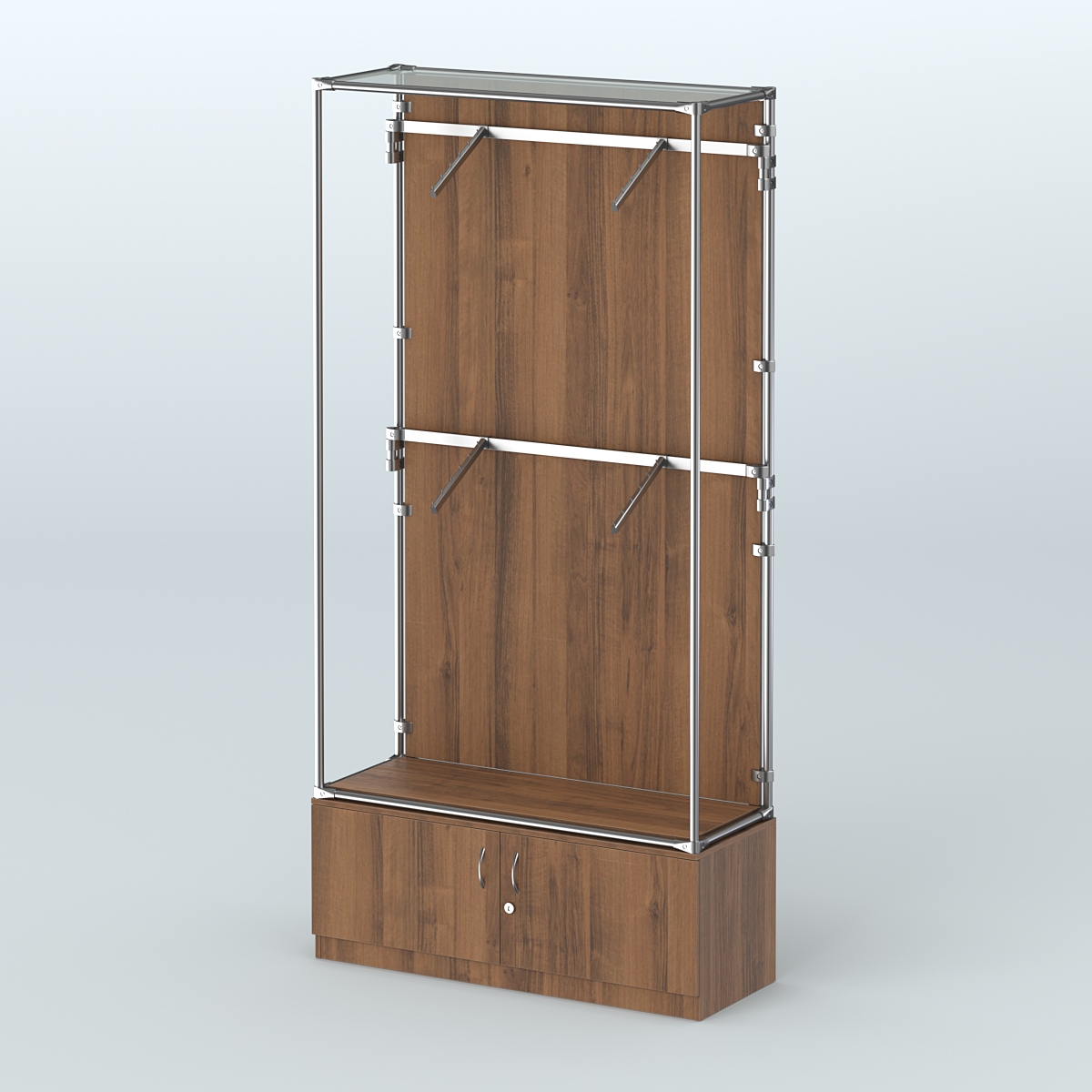 Торговая система ХРОМ (задняя стенка - ДСП) 1200 мм №3-4 с тумбой Т-21 и поручнями Орех