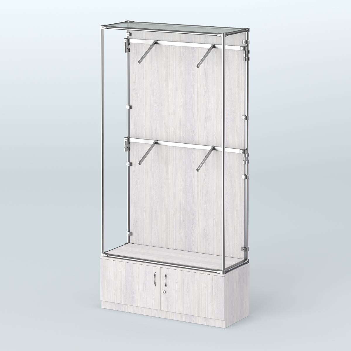 Торговая система ХРОМ (задняя стенка - ДСП) 1200 мм №3-4 с тумбой Т-21 и поручнями Ясень Анкор светлый