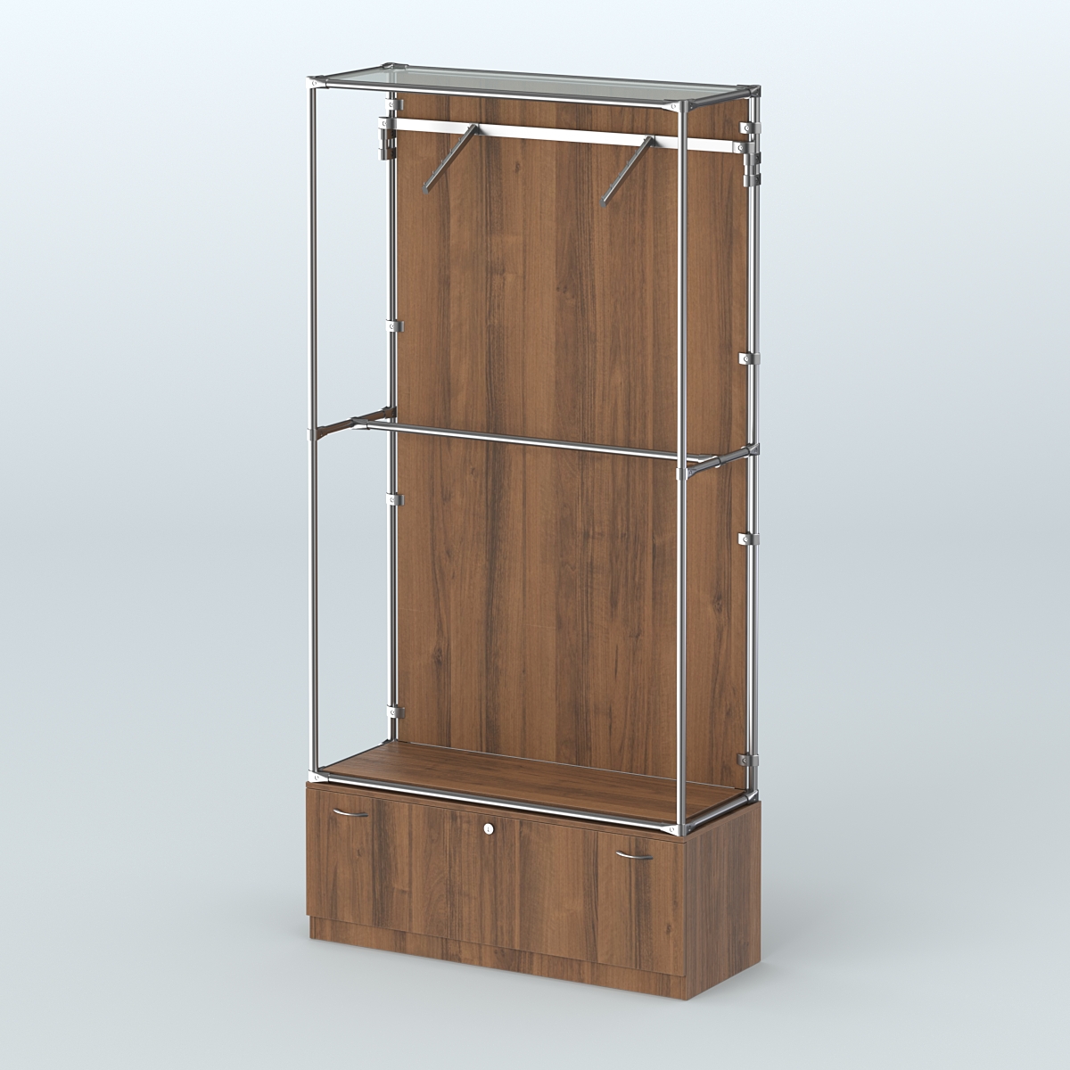 Торговая система ХРОМ (задняя стенка - ДСП) 1200 мм №4-1 с тумбой Т-11 и поручнями Орех