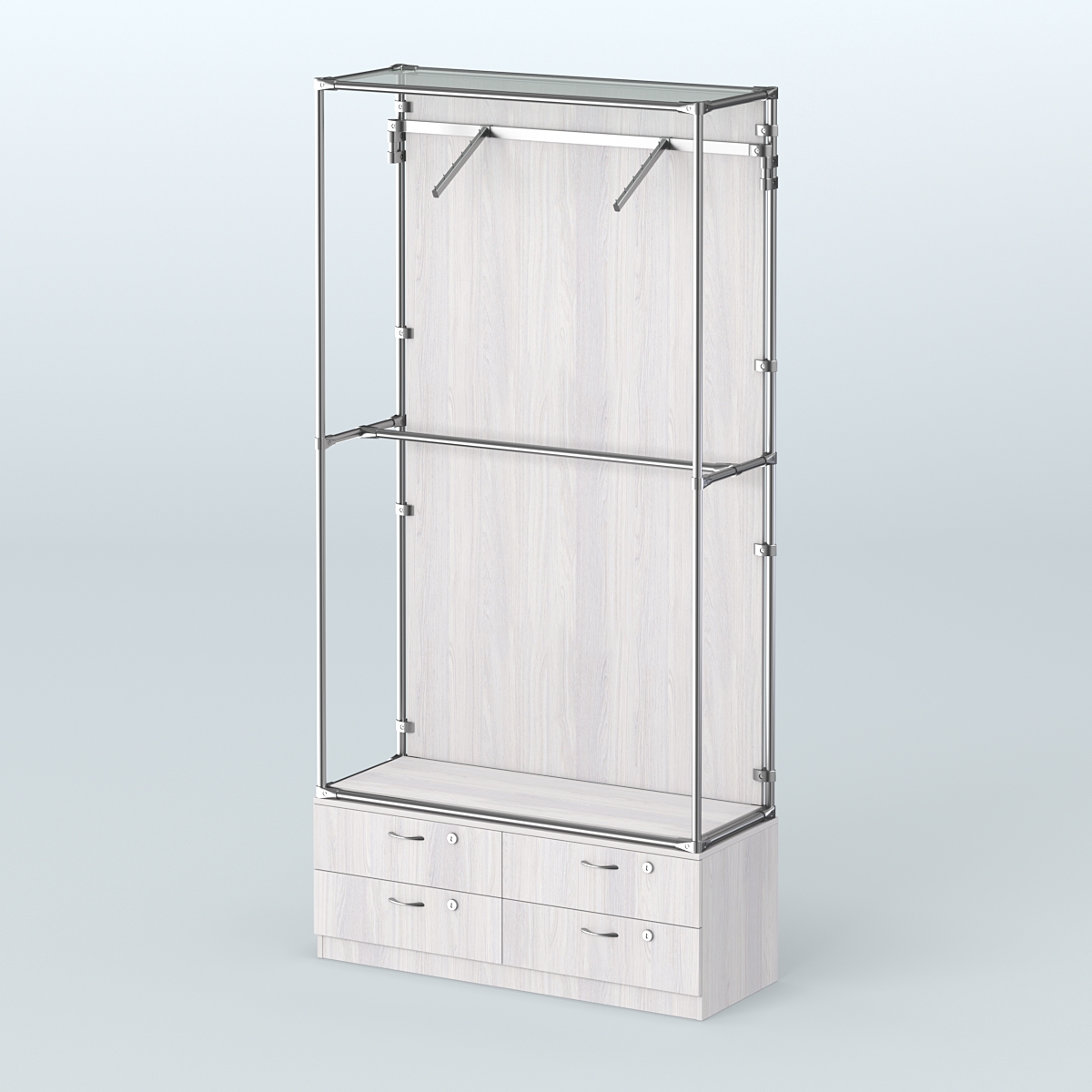 Торговая система ХРОМ (задняя стенка - ДСП) 1200 мм №4-2 с тумбой Т-14 и поручнями Ясень Анкор светлый